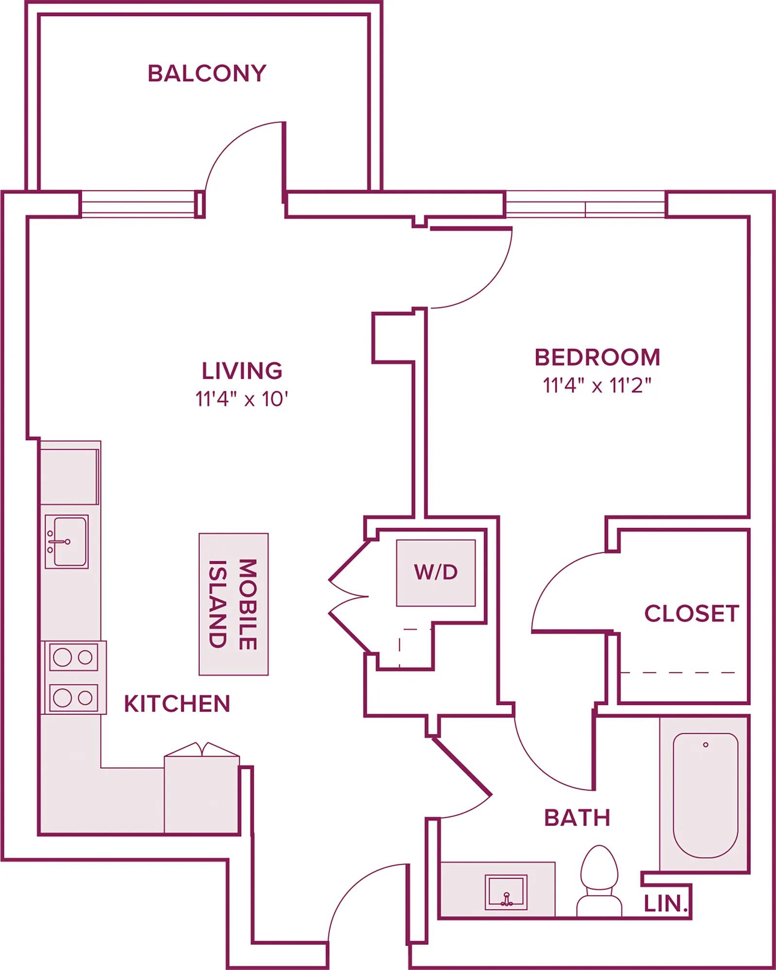 645 square foot one bed one bath floor plan in Argyle, CA