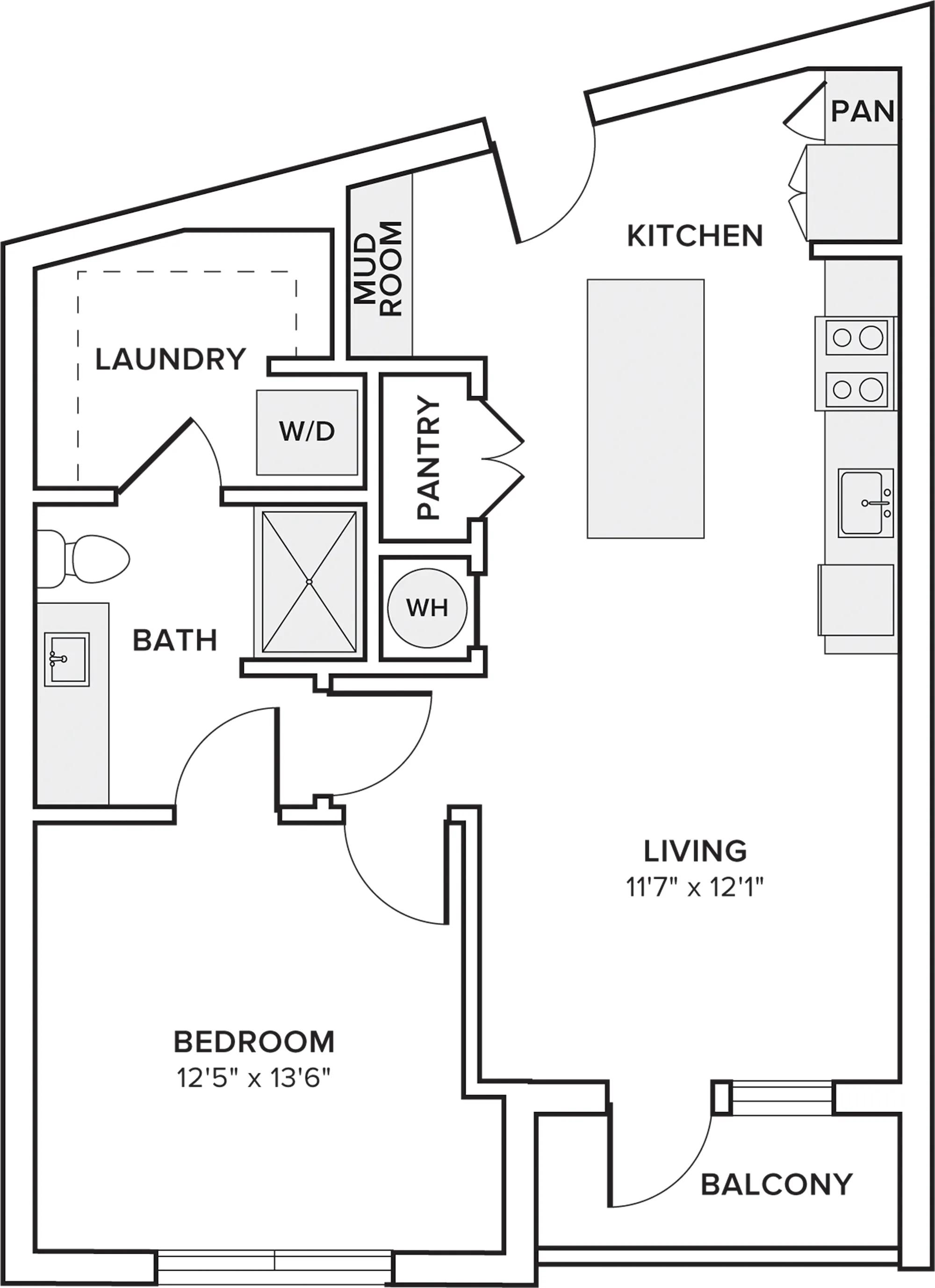 740 square foot one bed one bath apartment floor plan in Dallas, TX