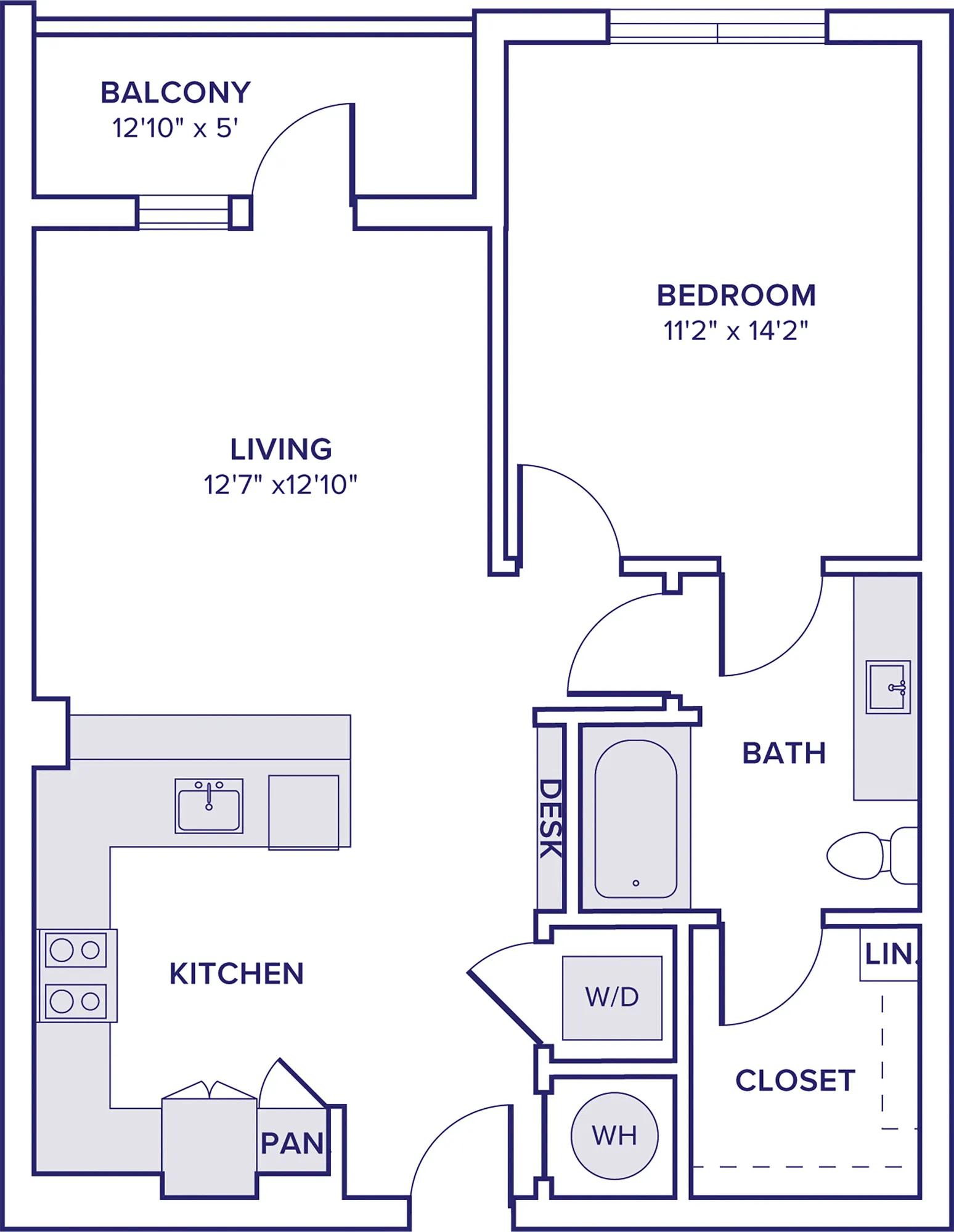 740 square foot one bed one bath apartment floor plan in McKinney, TX