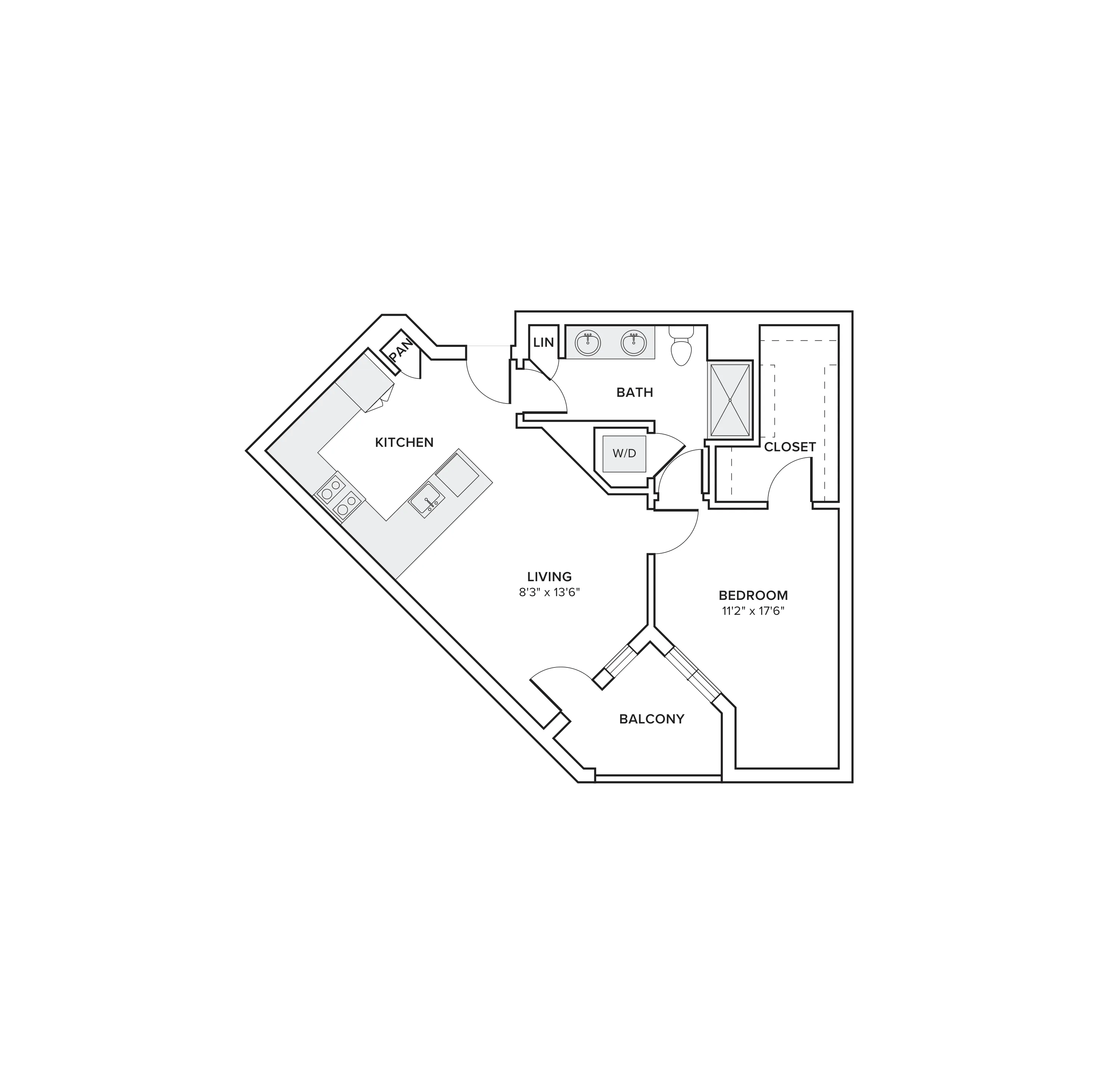 766 square foot one bed one bath apartment floor plan in Atlanta, GA