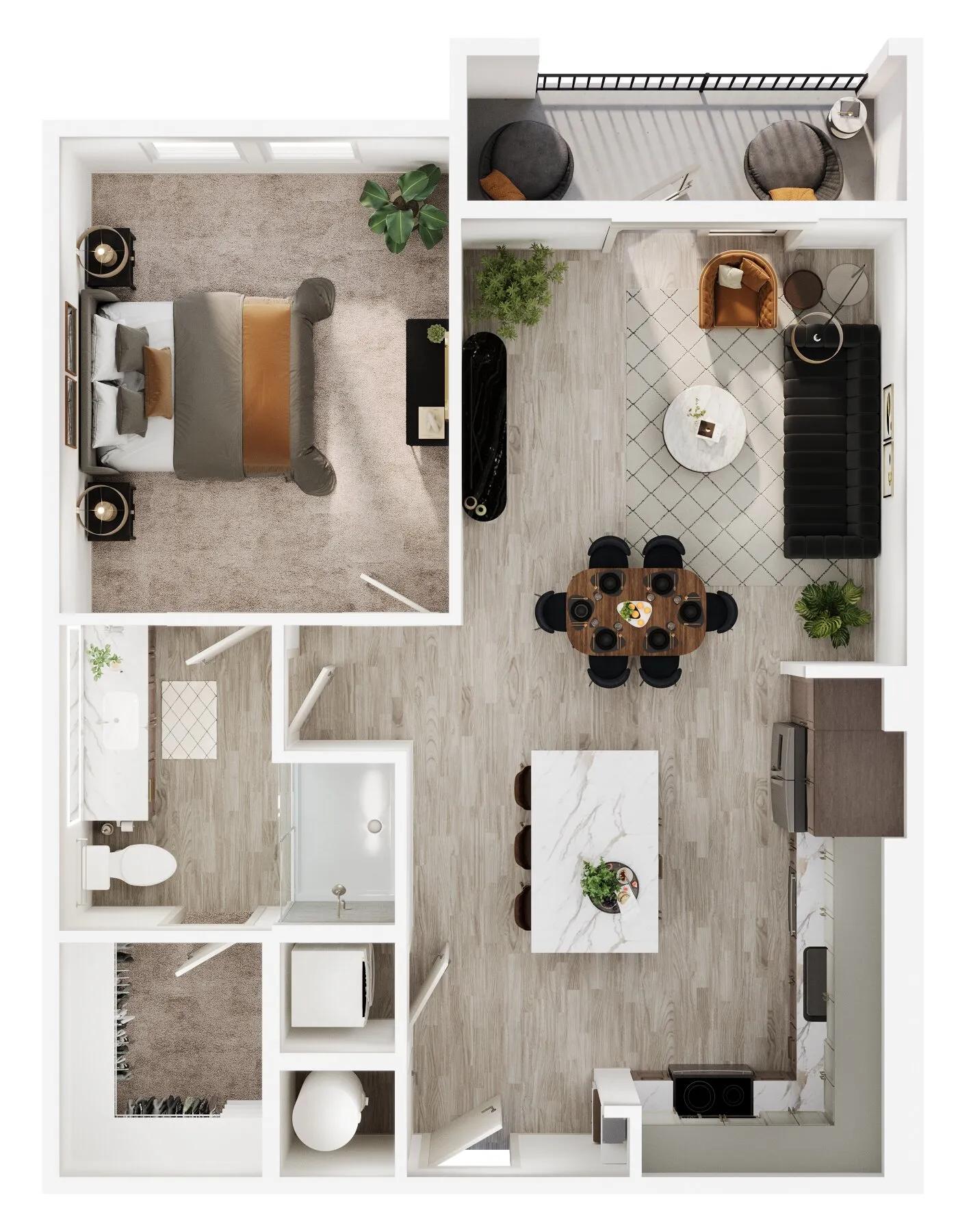 784 square foot one bedroom one bath apartment floorplan image