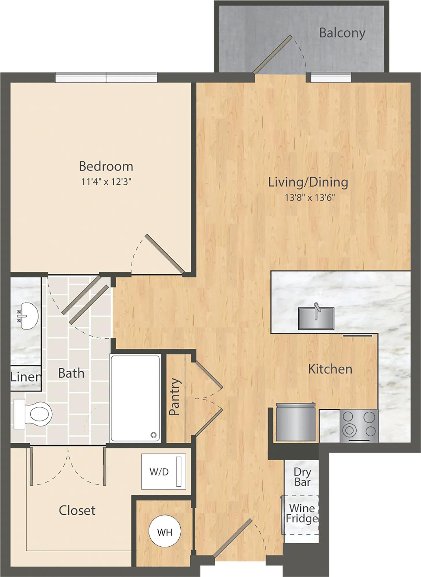 707 square foot one bedroom one bath apartment floor plan in Dallas, TX