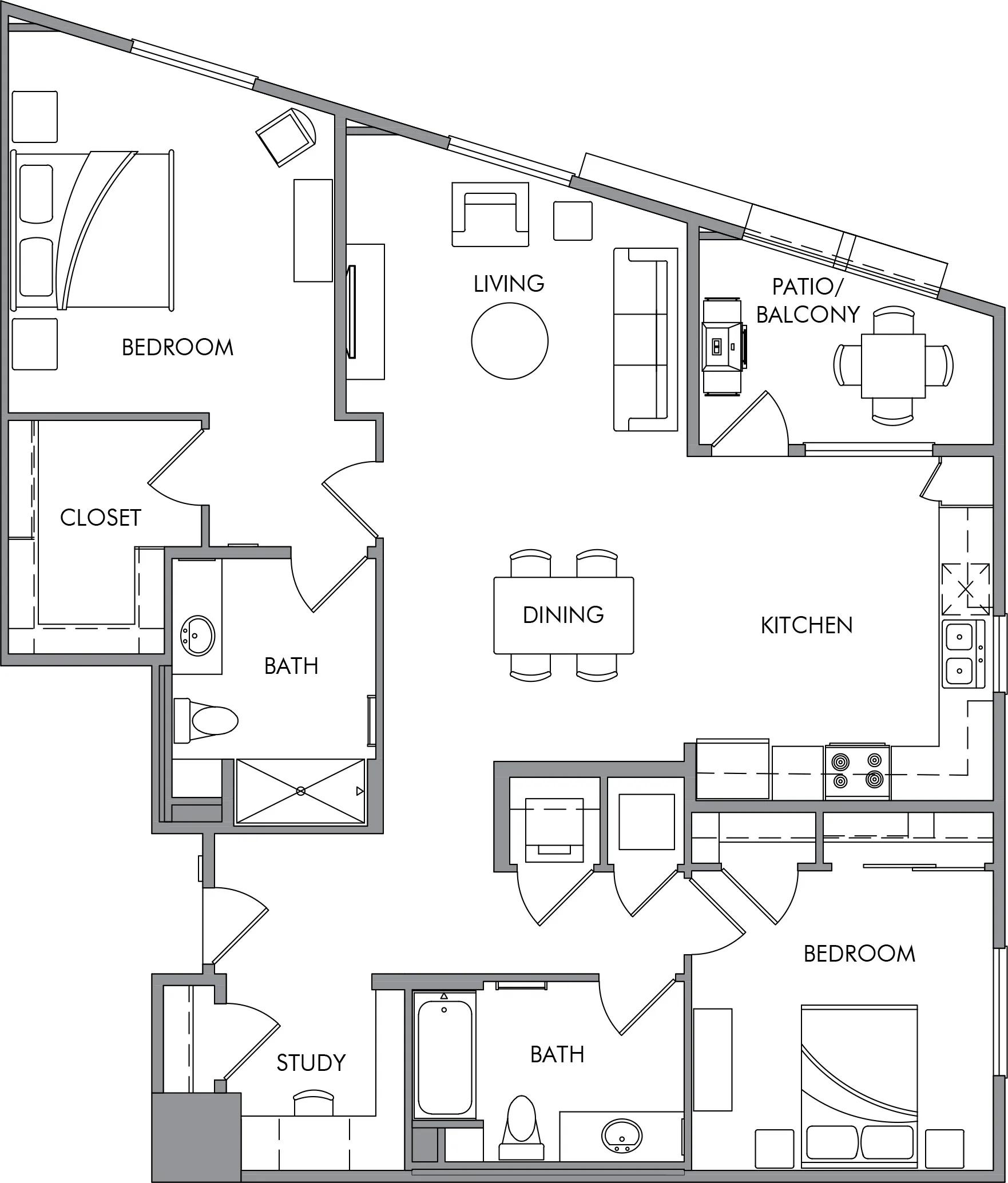 1456 square foot two bed two and a half bath apartment floor plan image