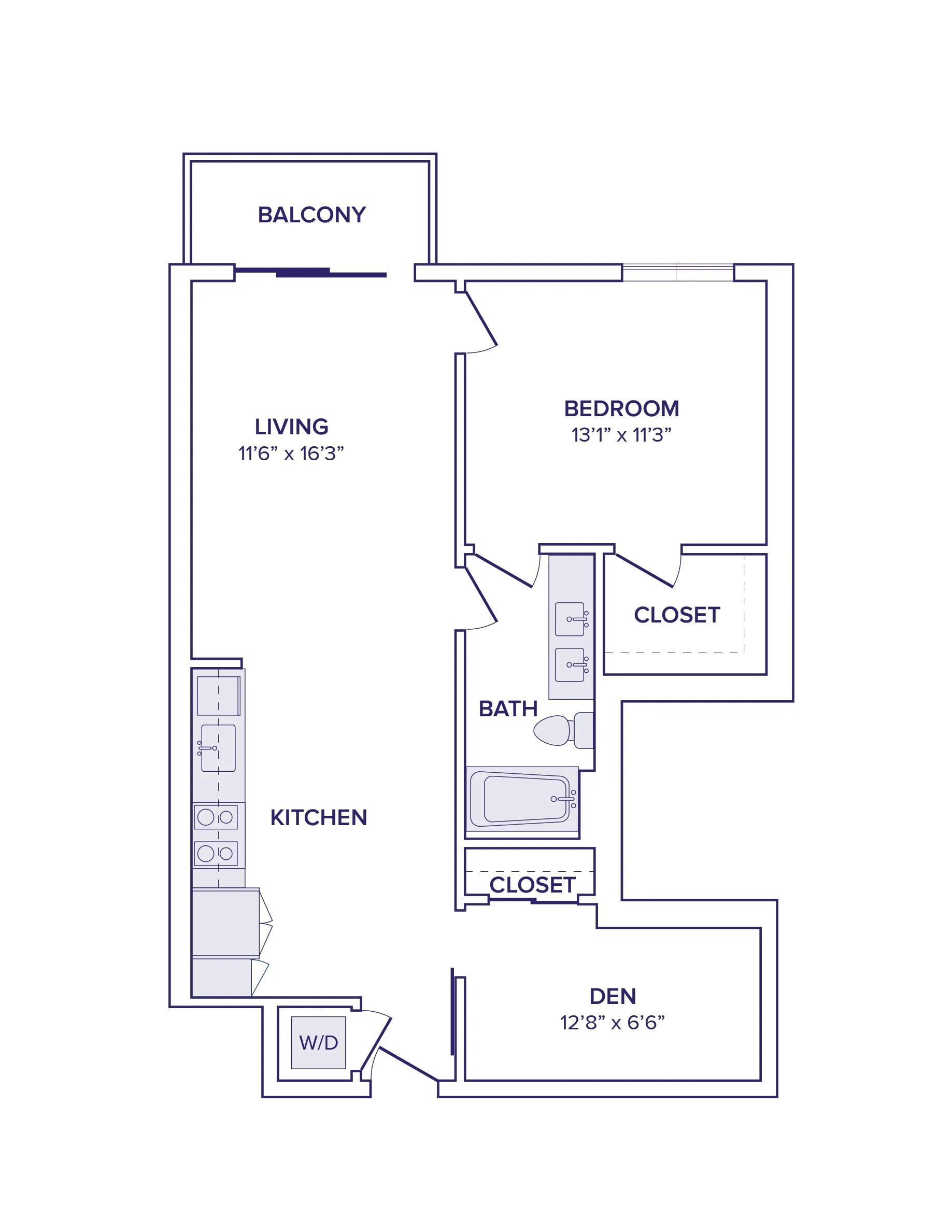 874 square foot one bed one bath apartment floor plan image