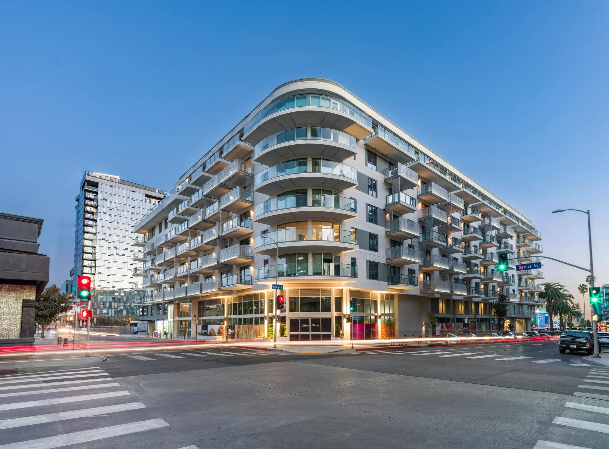 exterior building at sunset modera argyle apartment homes for rent in ca