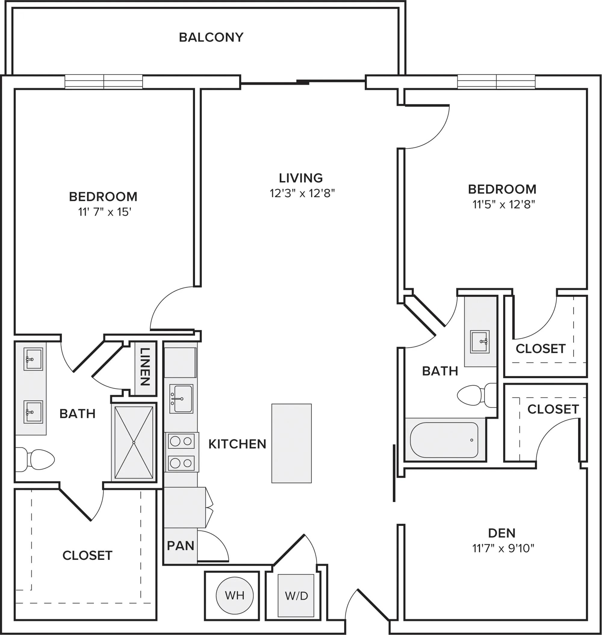 1301 square foot two bedroom two bath apartment floorplan in Davie, FL