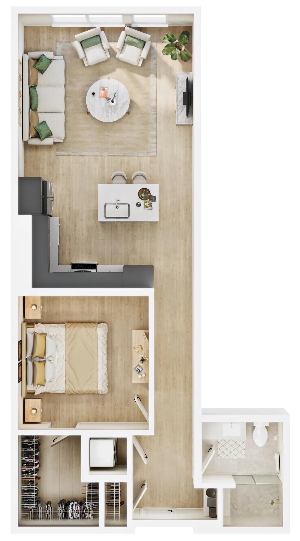 792 square foot one bed one bath floor plan in Denver, CO