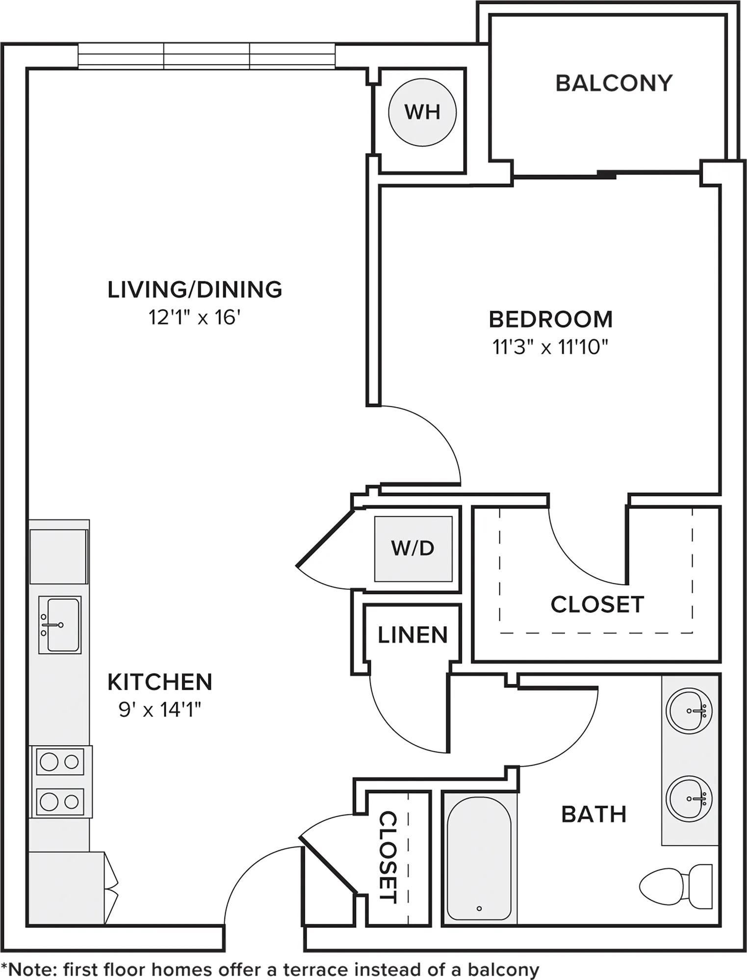 740 square foot one bedroom one bathroom apartment floorplan image