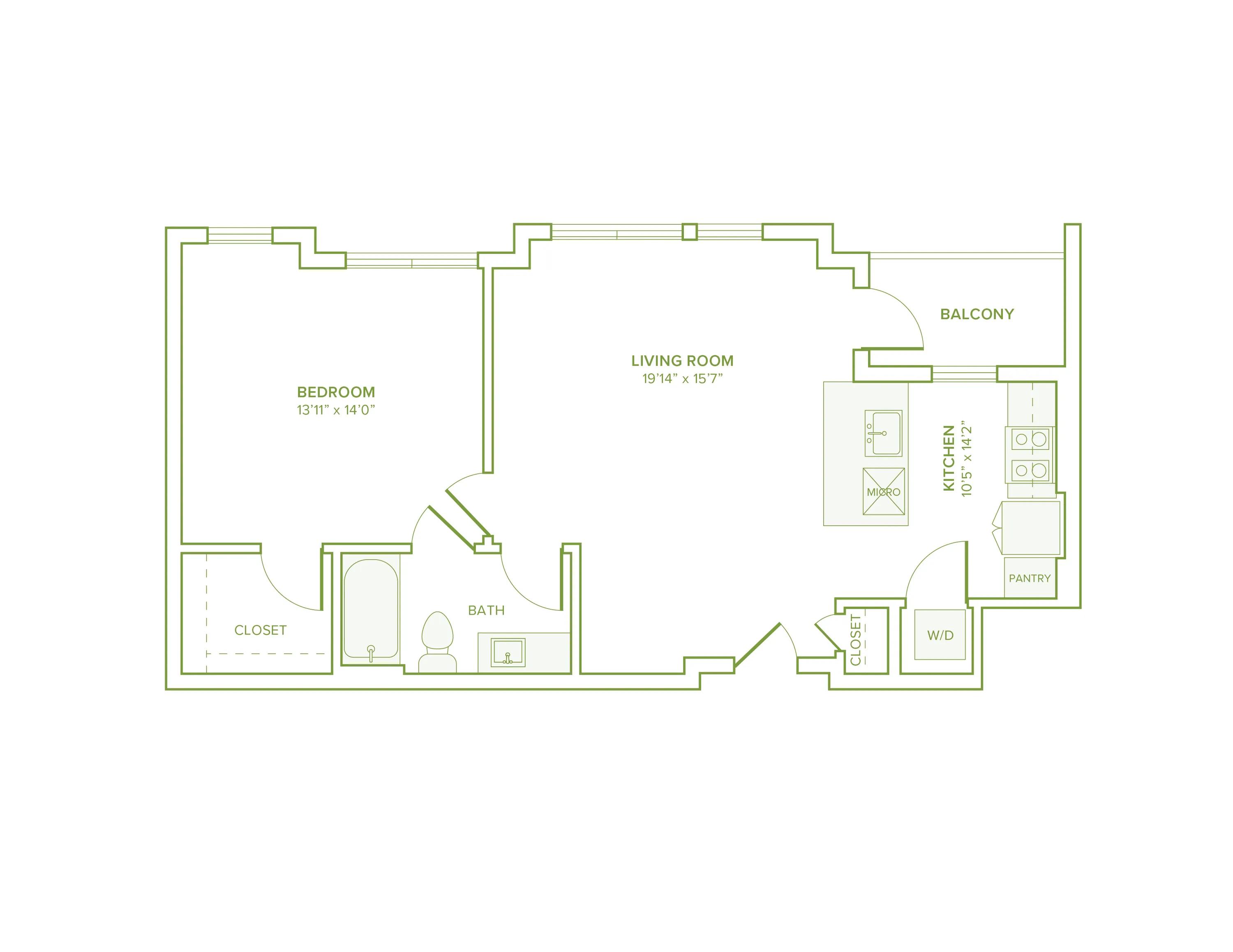 710 square foot one bed one bath floor plan in Falls Church, VA