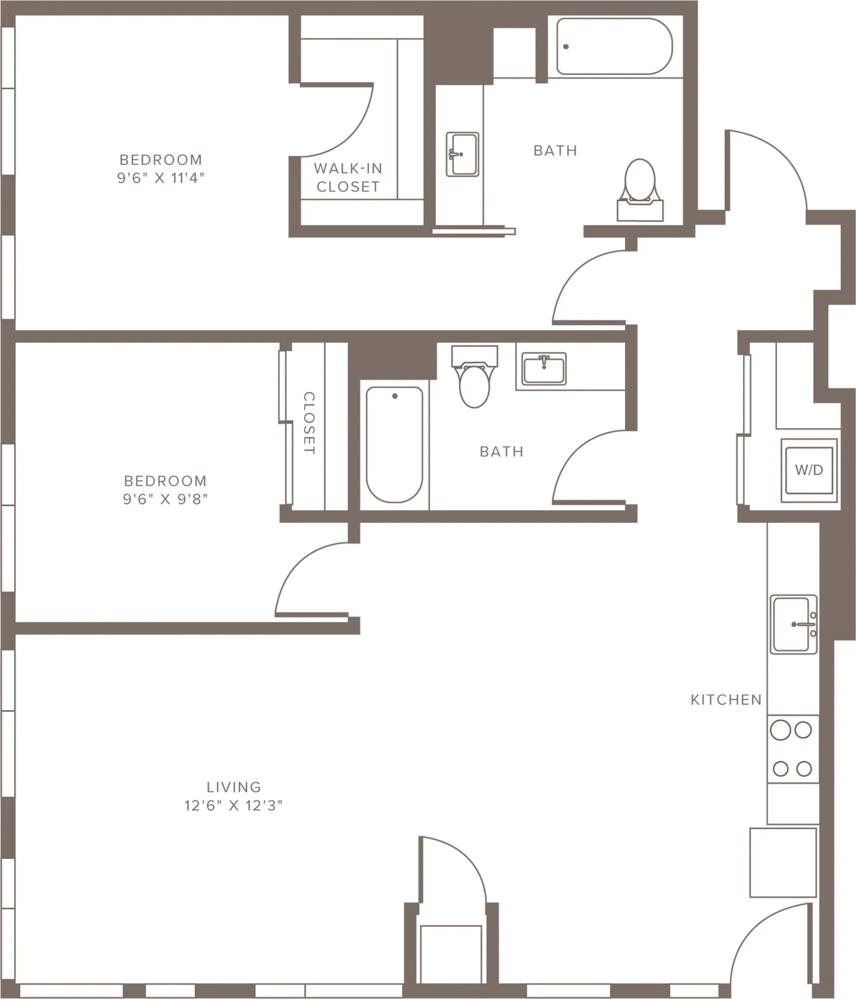 1134 square foot renovated two bedroom two bath with master walk-in closet floor plan image