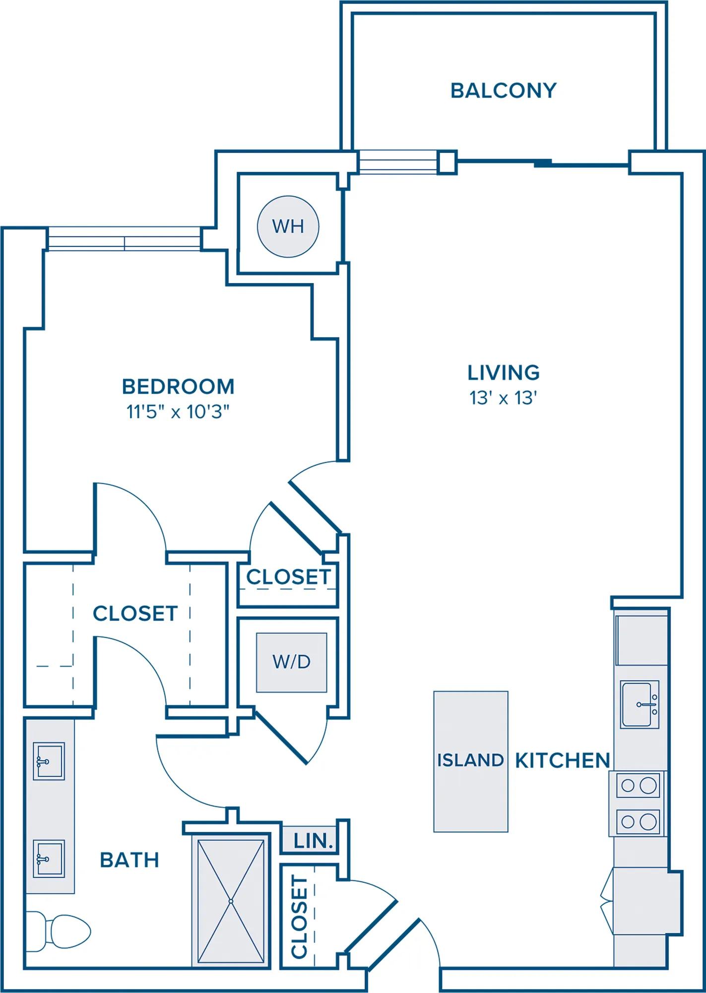 732 square foot one bed one bath apartment floor plan in Nashville, TN