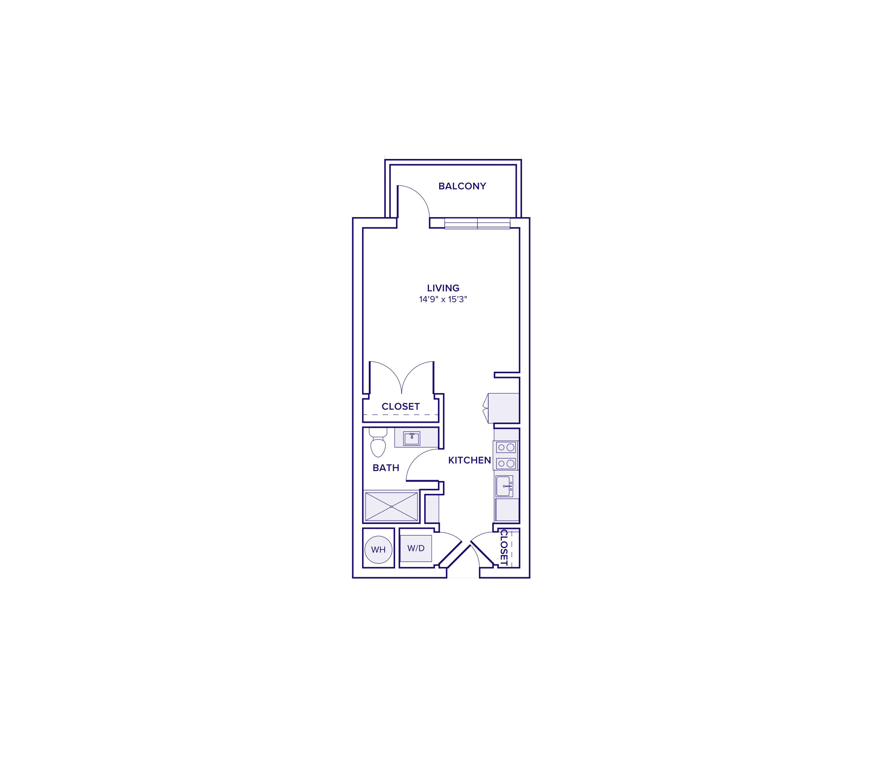 477 square foot studio one bath floor plan in Atlanta, GA