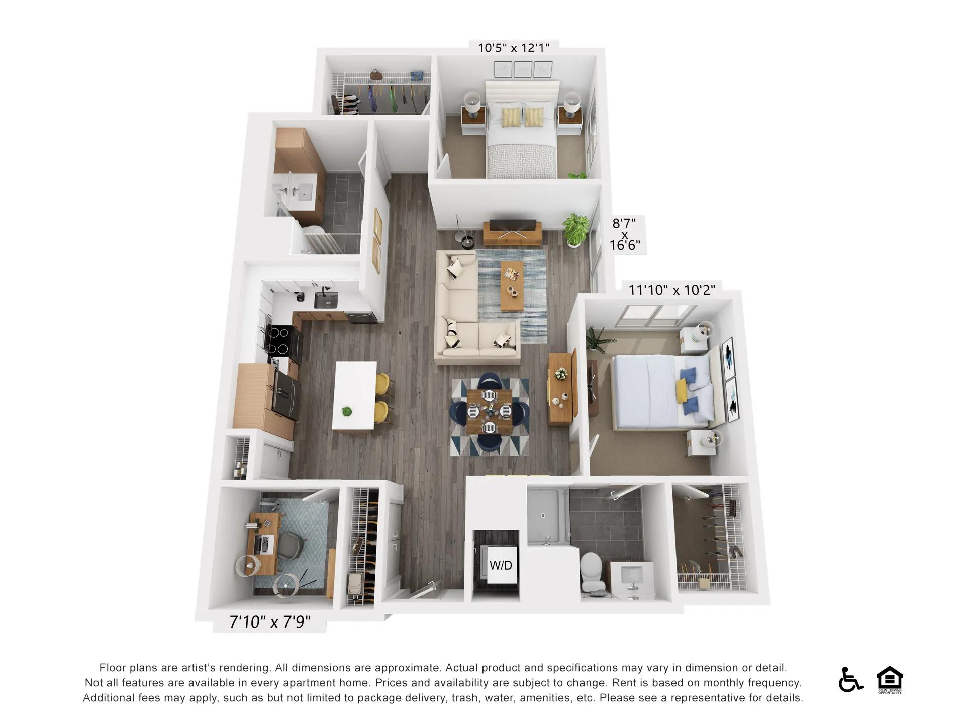 1350 square foot two bed two bath apartment floor plan in Newton, MA