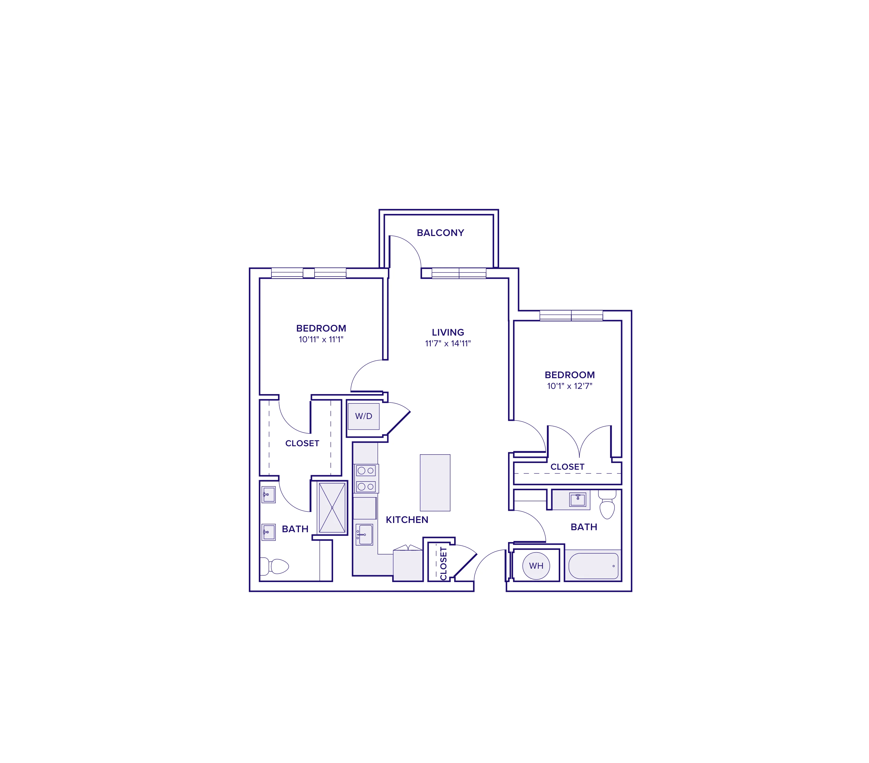 957 square foot two bed two bath apartment floor plan in Atlanta, GA
