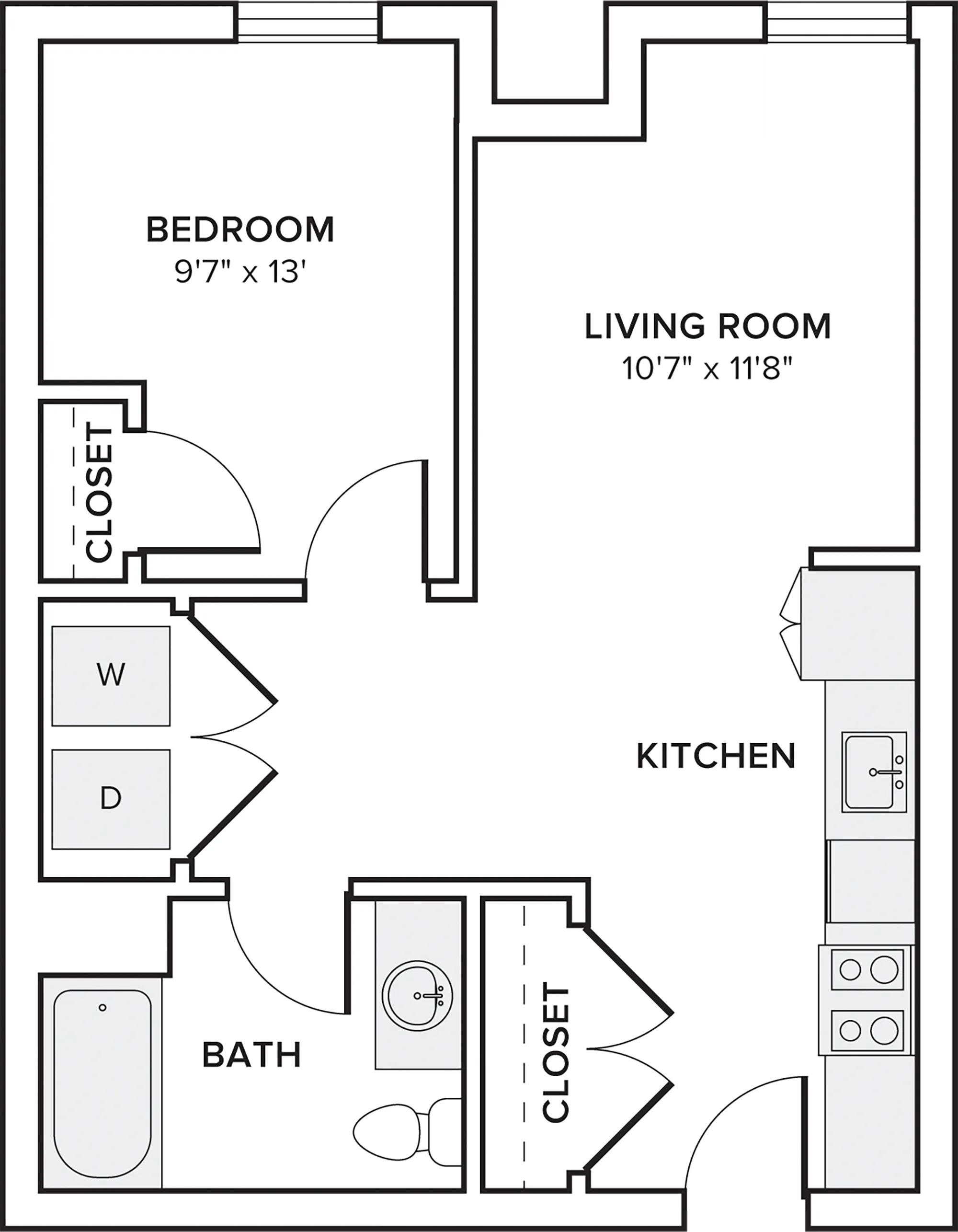 601 square foot one bed one bath apartment floor plan in Portland, OR