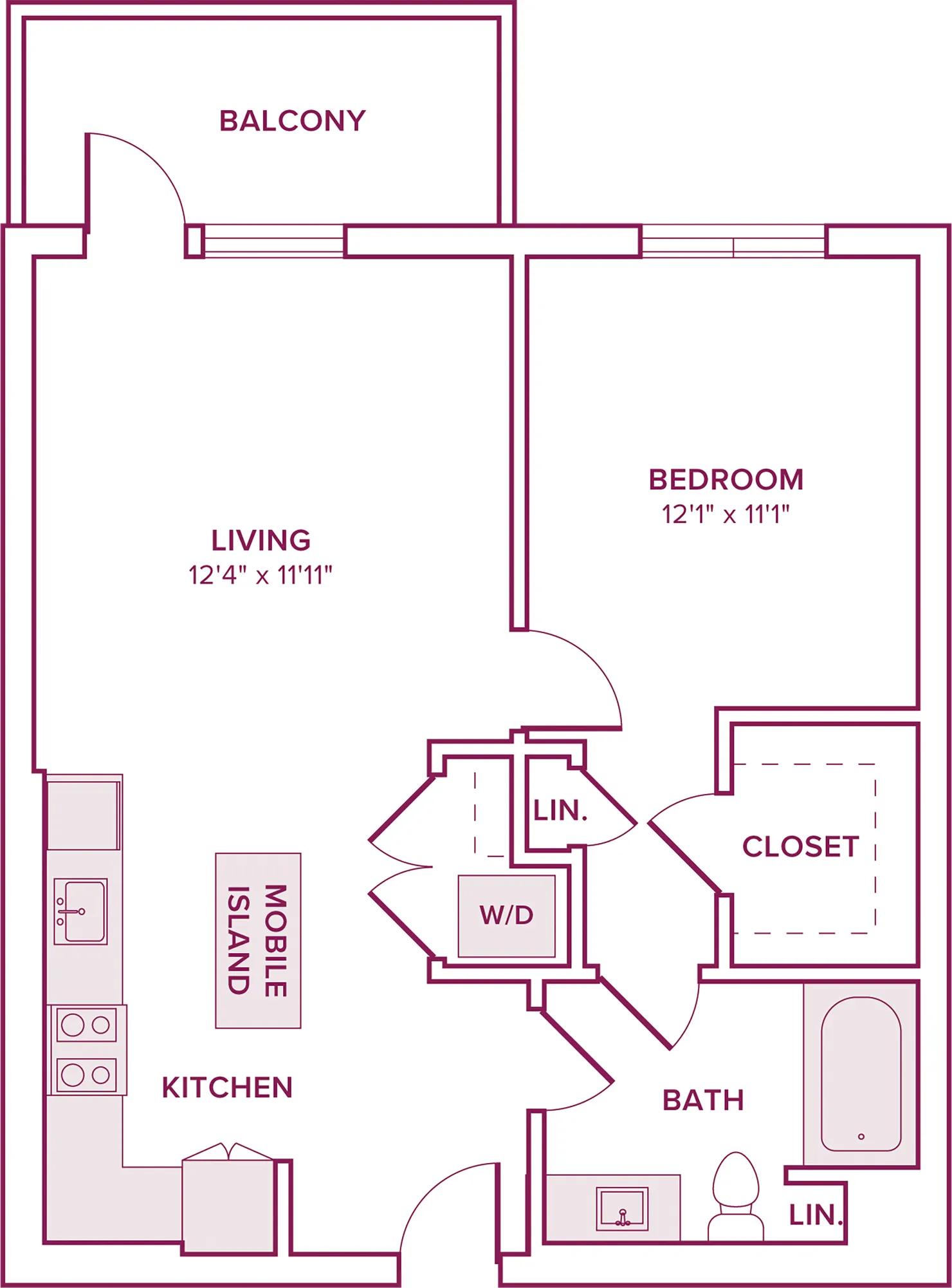 665 square foot one bed one bath floor plan in Argyle, CA