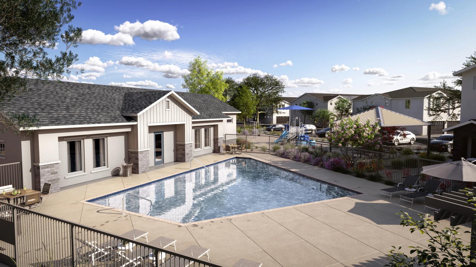 amavi queen creek pool and community clubhouse rendering with playground and shaded lounge seating