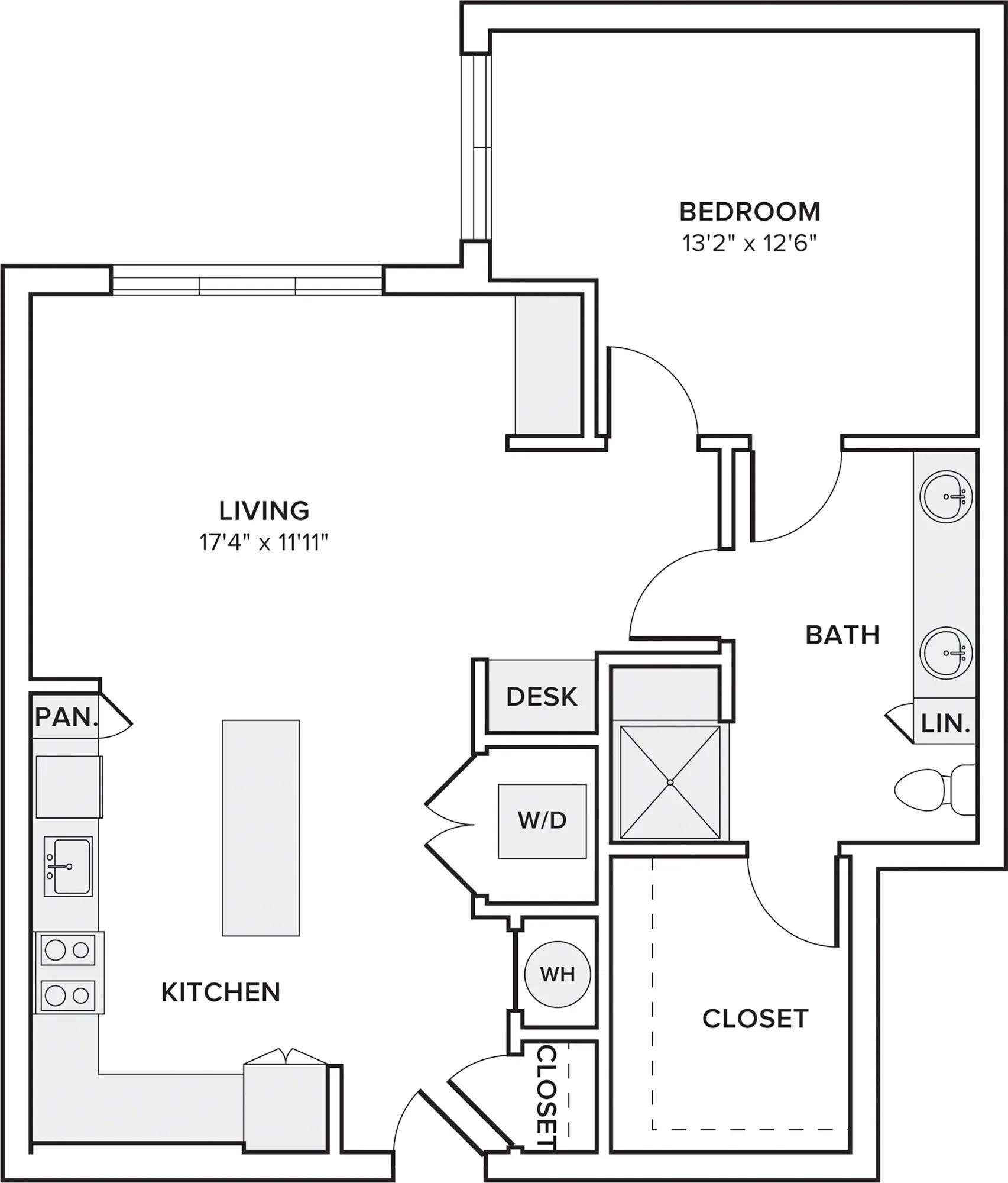 897 square foot one bedroom one bath apartment floor plan in Austin, TX