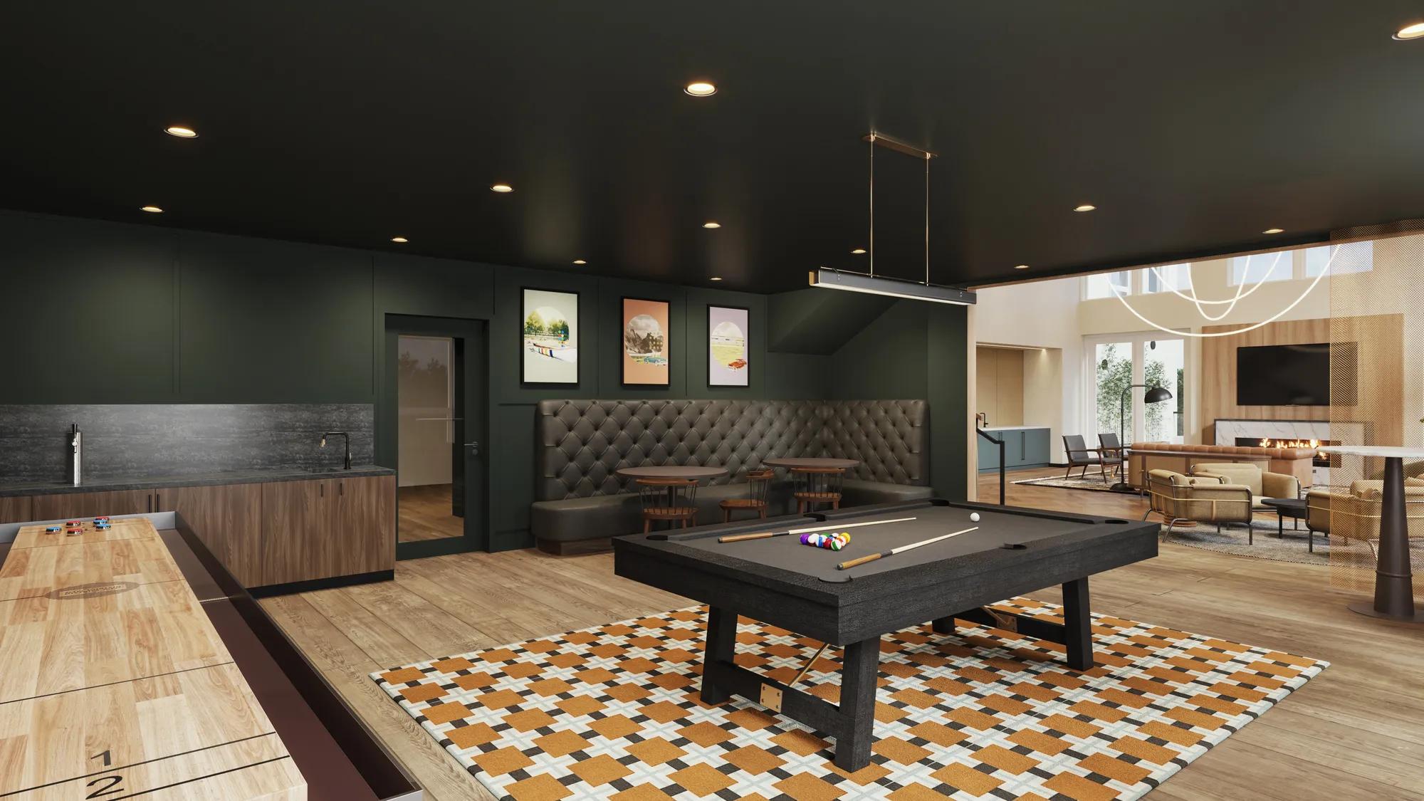 game room with billiards table and seating at modera shoreline apartment homes for rent in wa