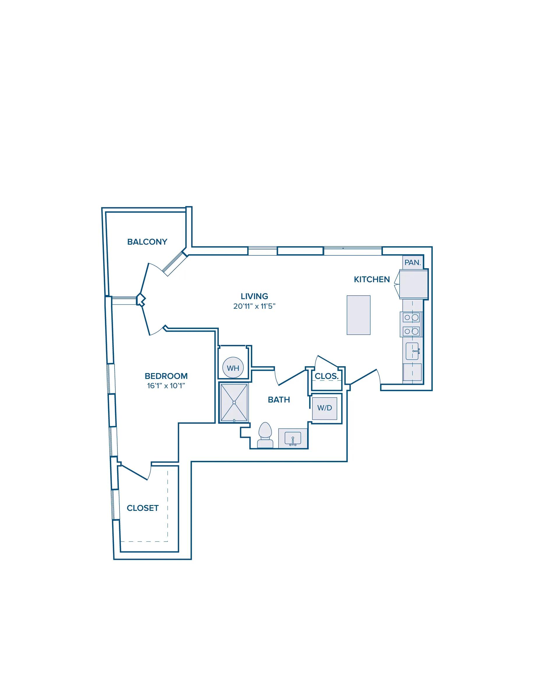 689 square foot one bed one bath floor plan image