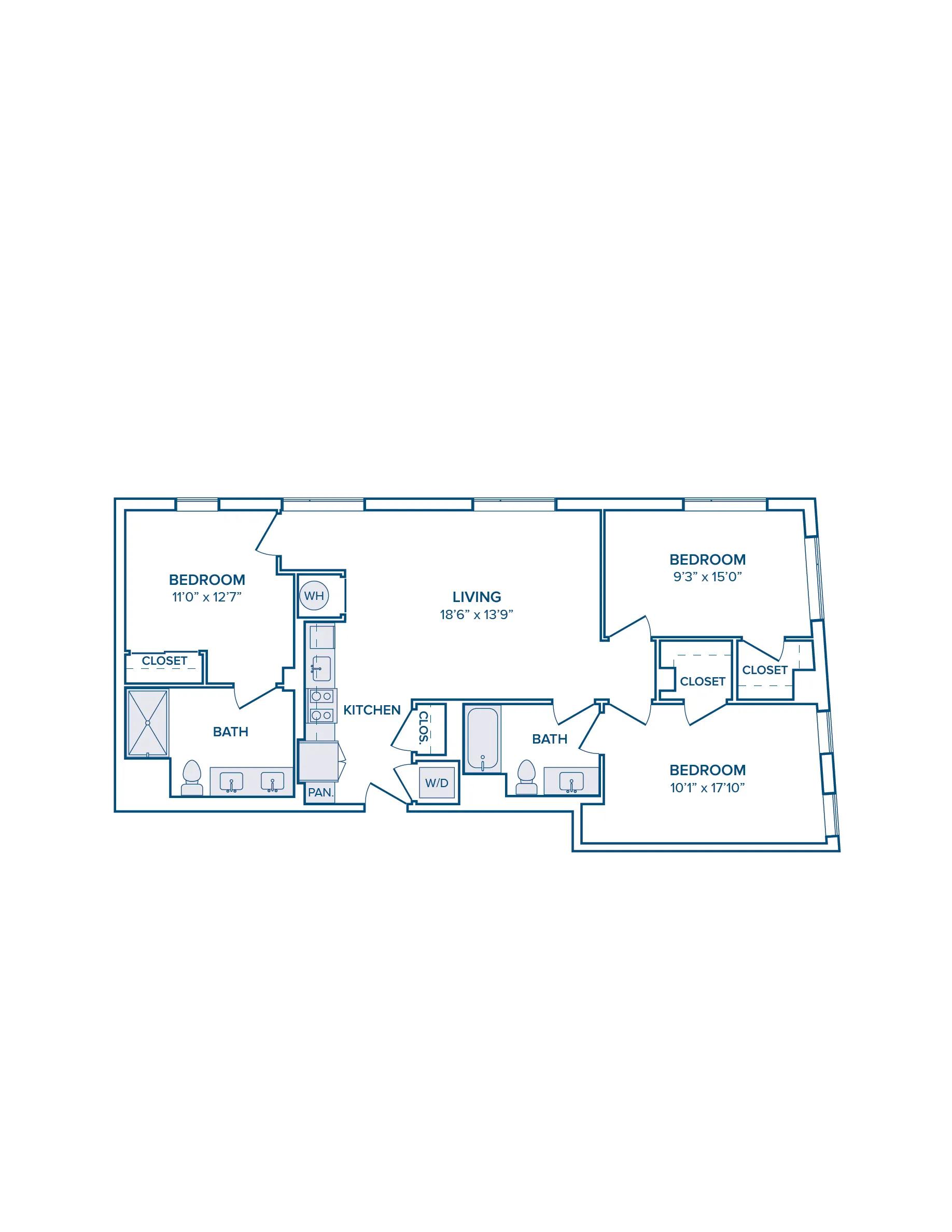 1210 square foot three bedroom two bath floor plan image