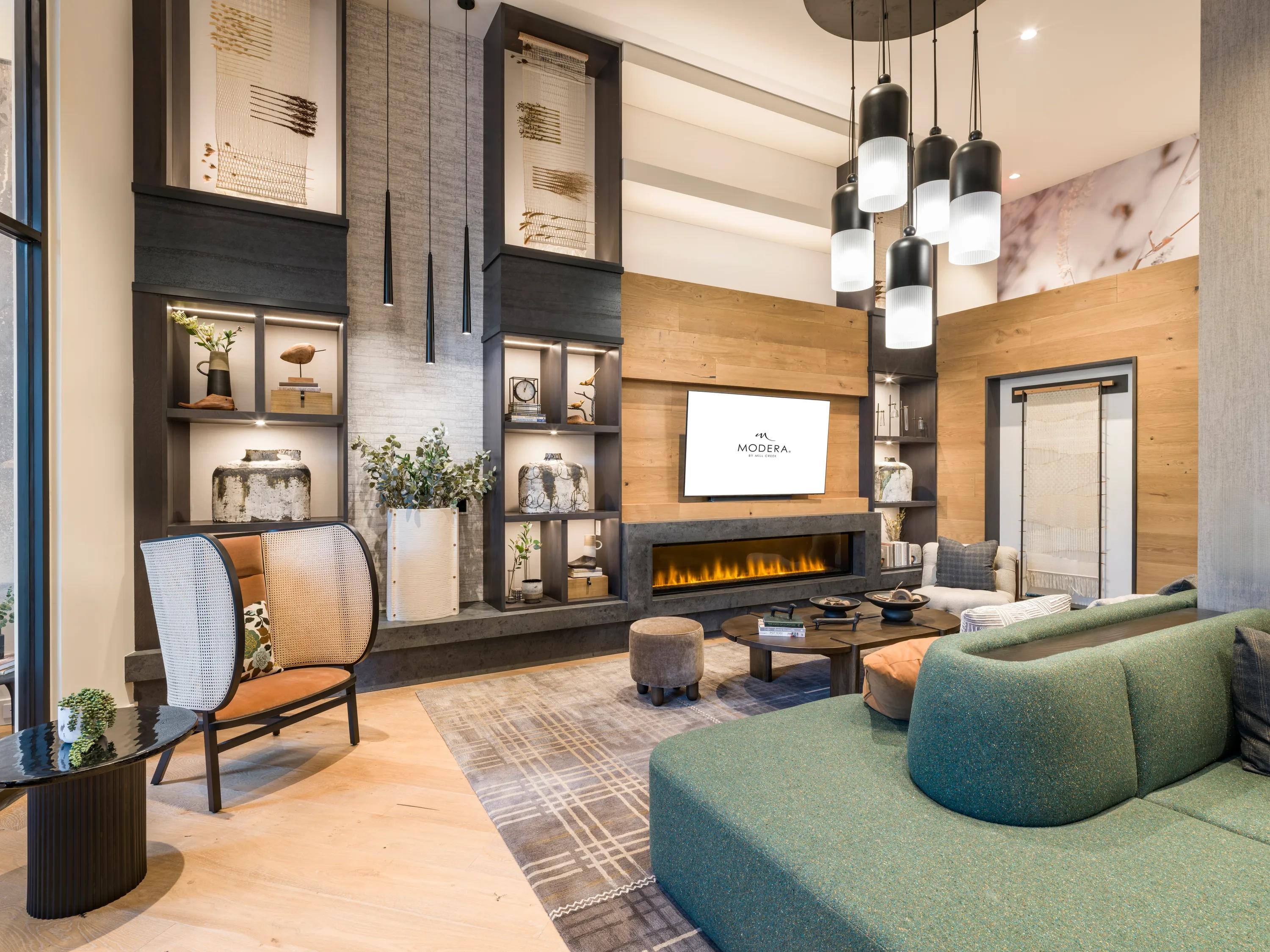 large open amenity space with two story ceilings rendering at modera falls church apartment homes for rent in va