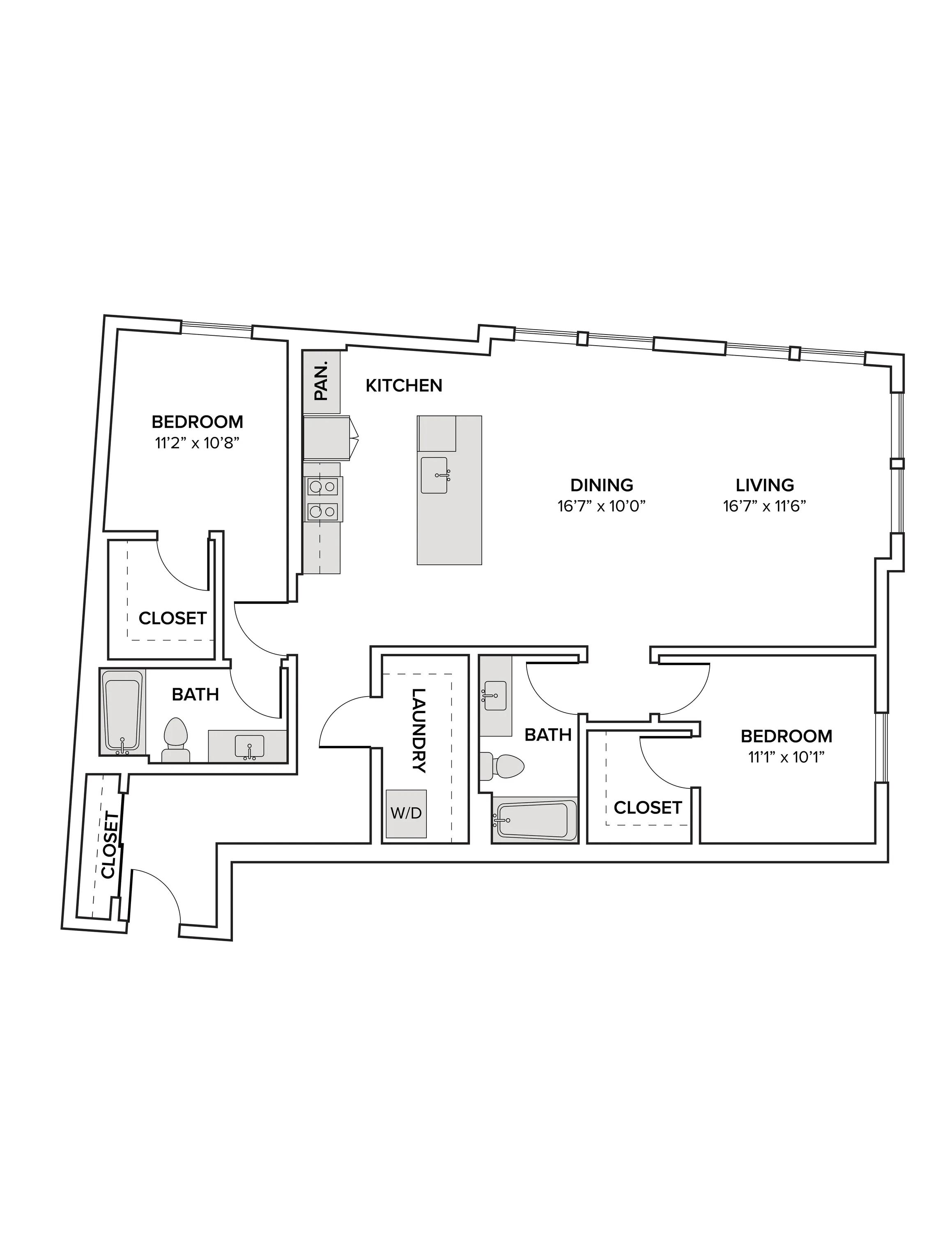 1370 square foot two bedroom two bath apartment floor plan image