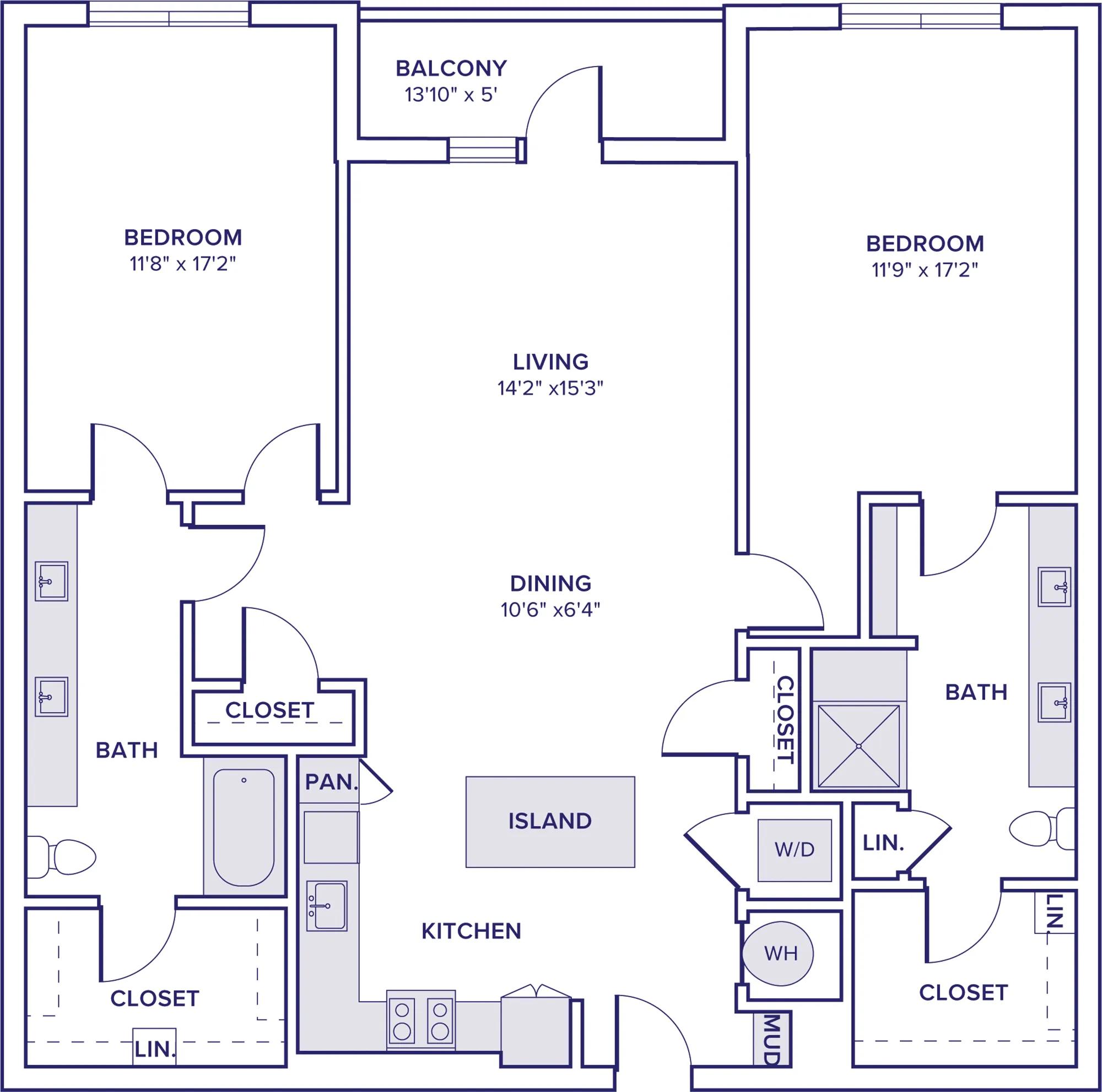 1455 square foot two bedroom two bath apartment floor plan in McKinney, TX