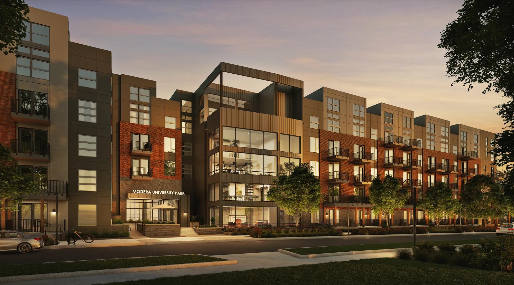 building exterior at street level modera university park apartment homes for rent in denver co