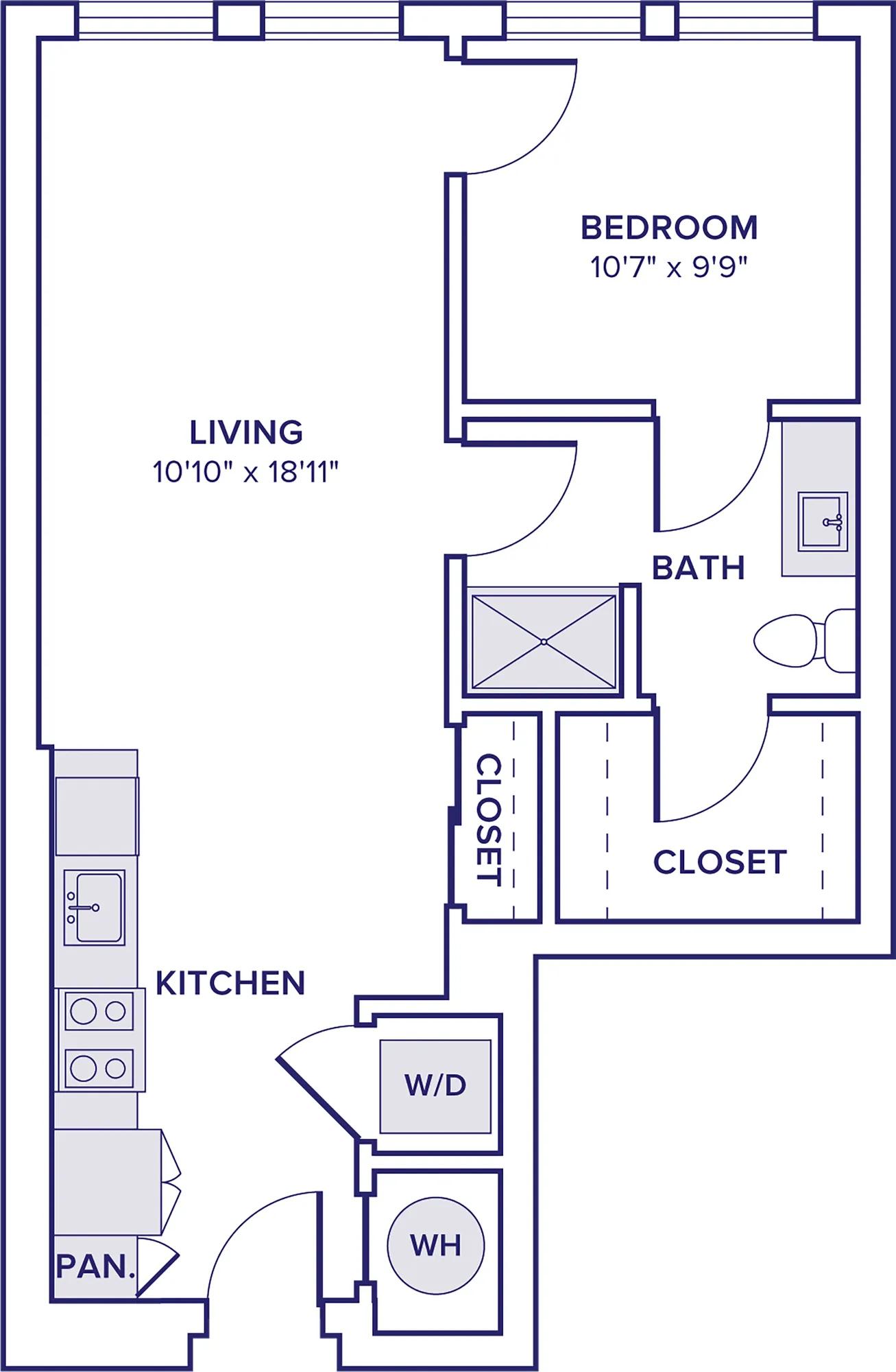 689 square foot one bed one bath apartment floor plan image