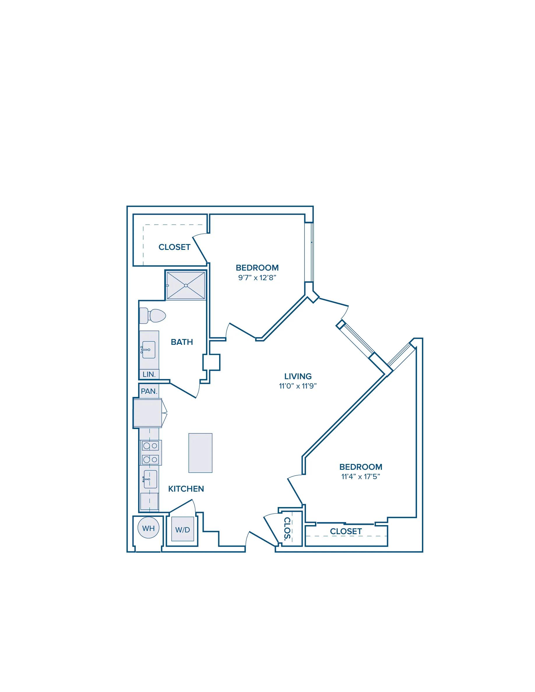 875 square foot two bed two bath floor plan image