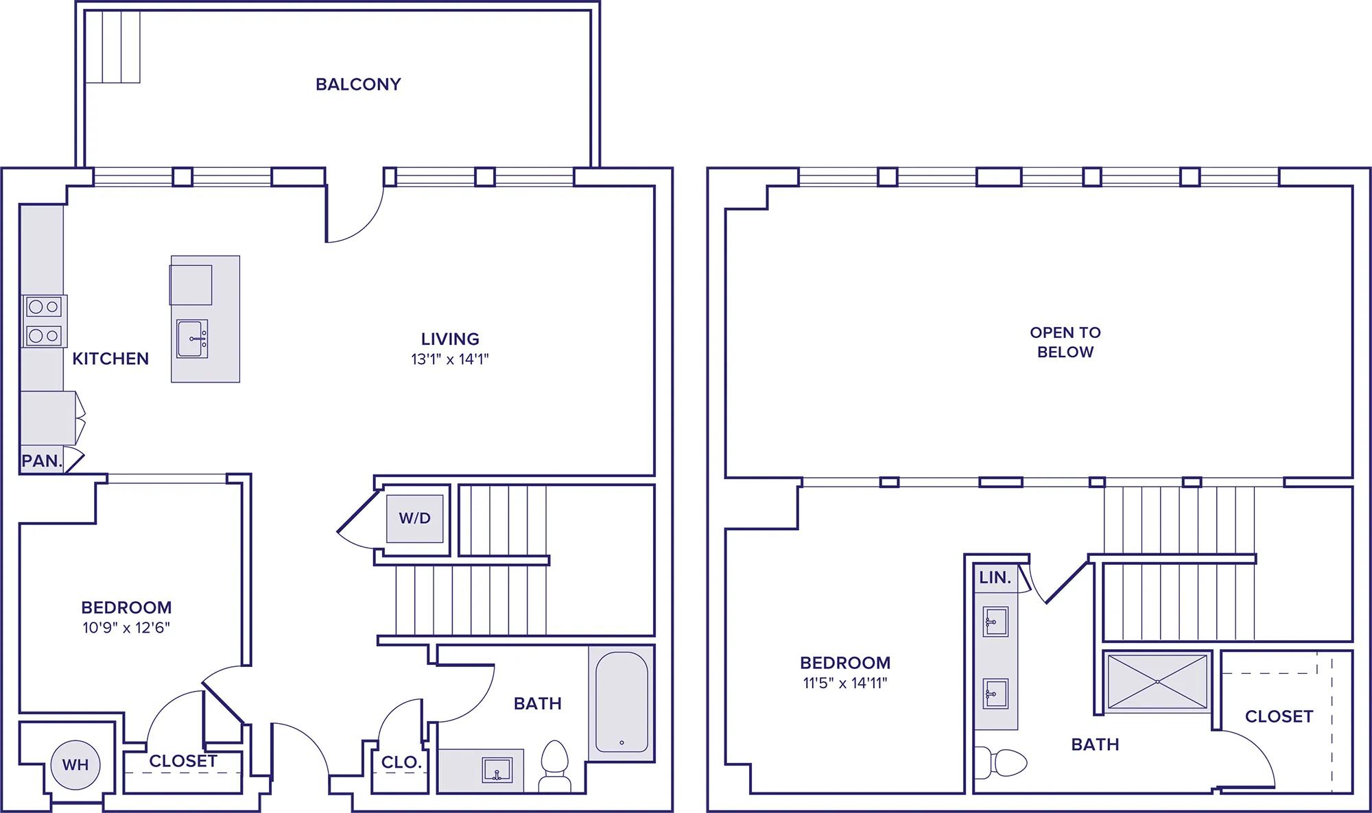 1358 square foot two bedroom two bath townhome floor plan image