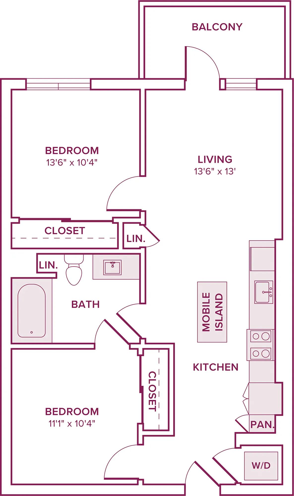 729 square foot two bed one bath floor plan in Argyle, CA