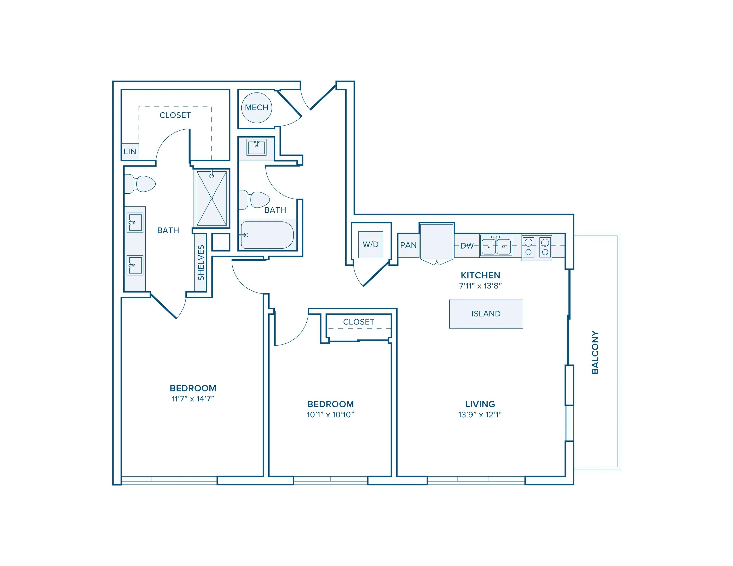 1038 square foot two bedroom two bath apartment floorplan image