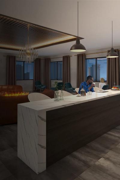 clubroom with demonstration kitchen and drink glasses modera encore apartment homes for rent in tampa fl