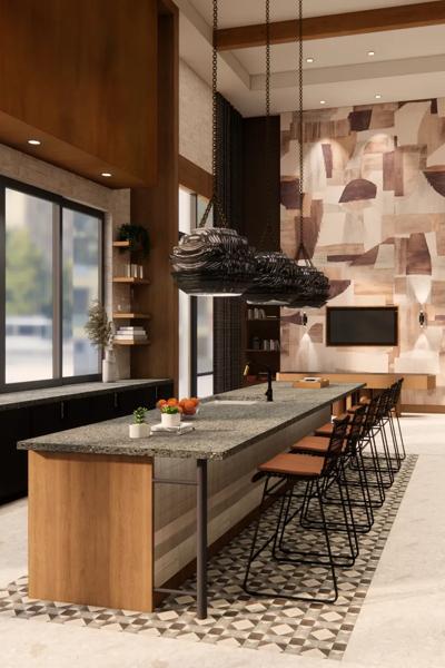 seating area and demonstration kitchen clubroom rendering modera higley commons apartment homes for rent in gilbert az