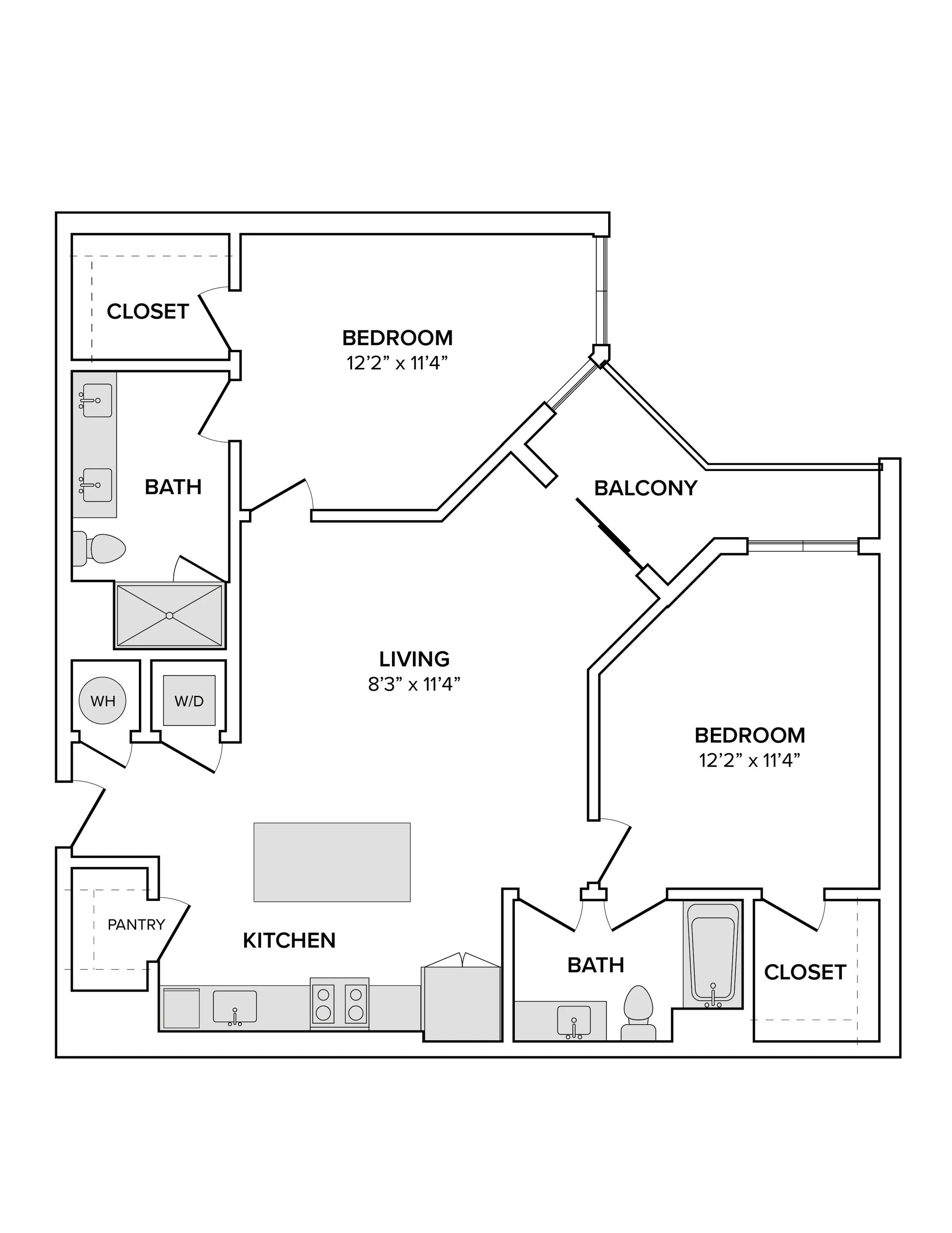 1175 square foot two bed two bath apartment floor plan image