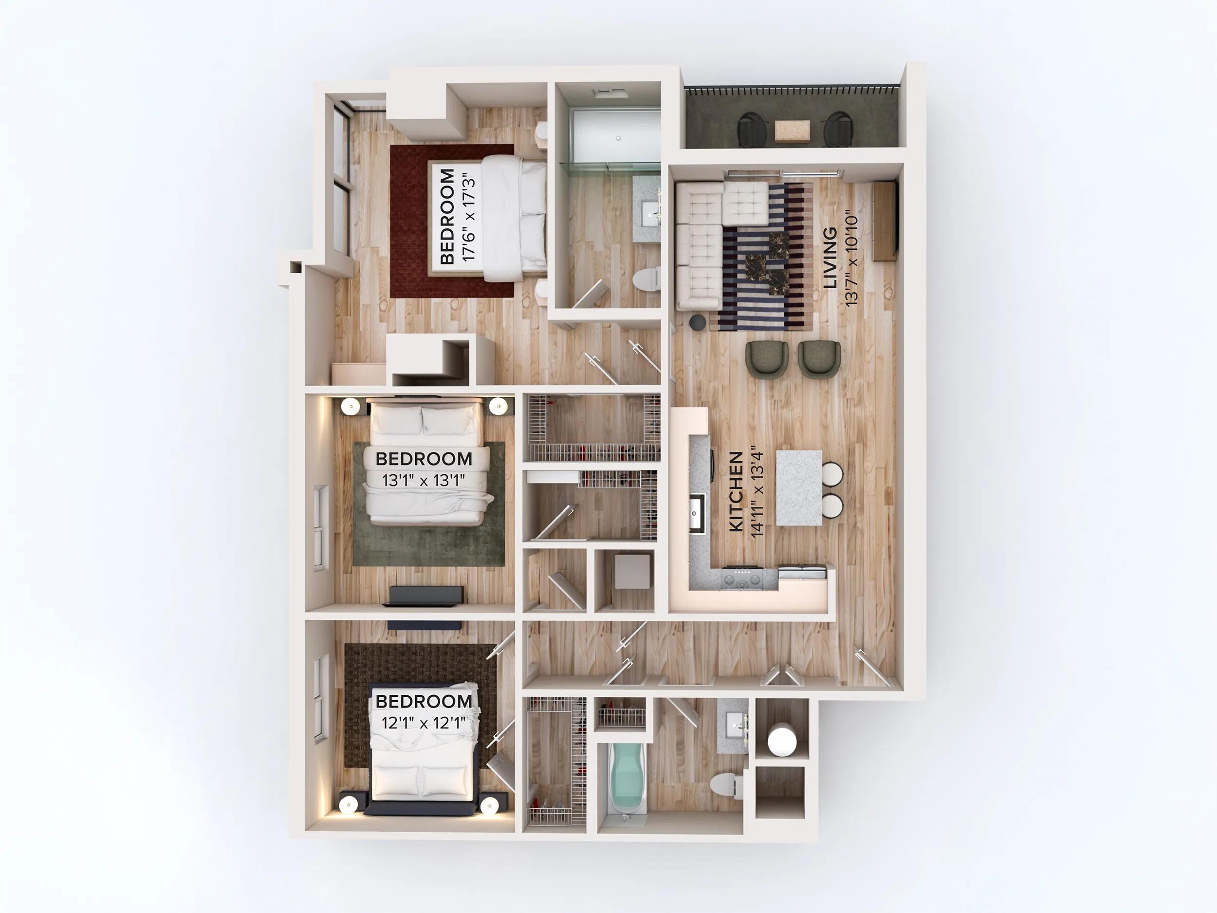 1408 square foot three bed two bath floor plan in Miami, FL