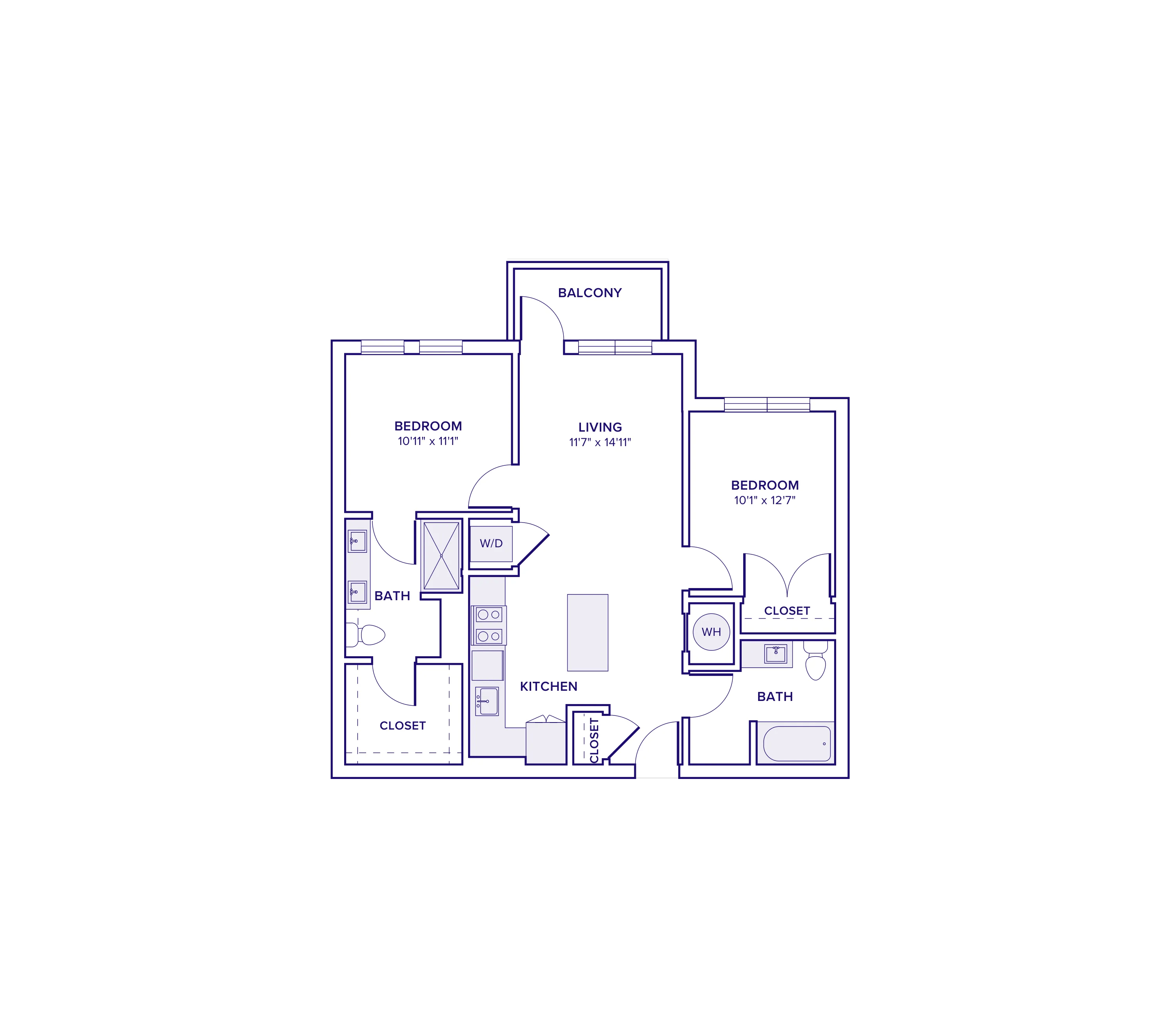 957 square foot two bed two bath apartment floor plan in Atlanta, GA
