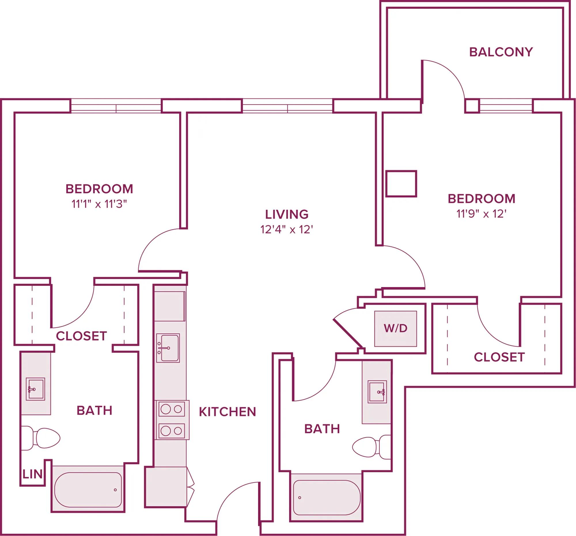 848 square foot two bed two bath floor plan in Argyle, CA