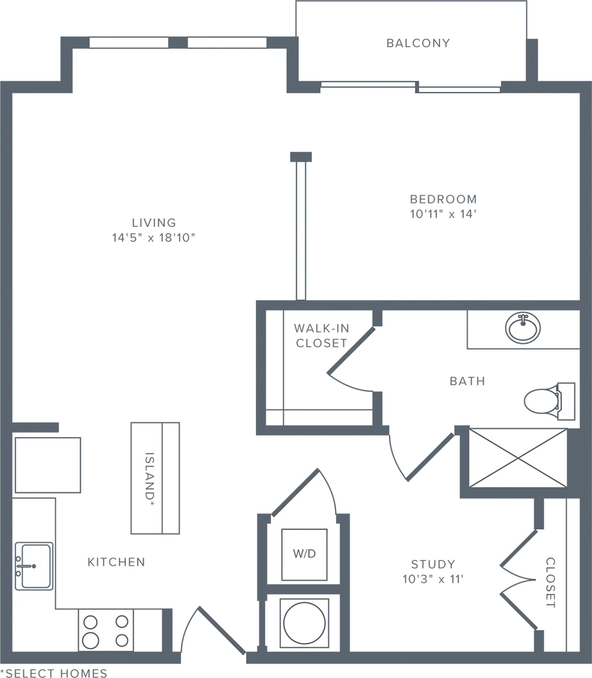 875 square foot studio one bath with den floorplan image