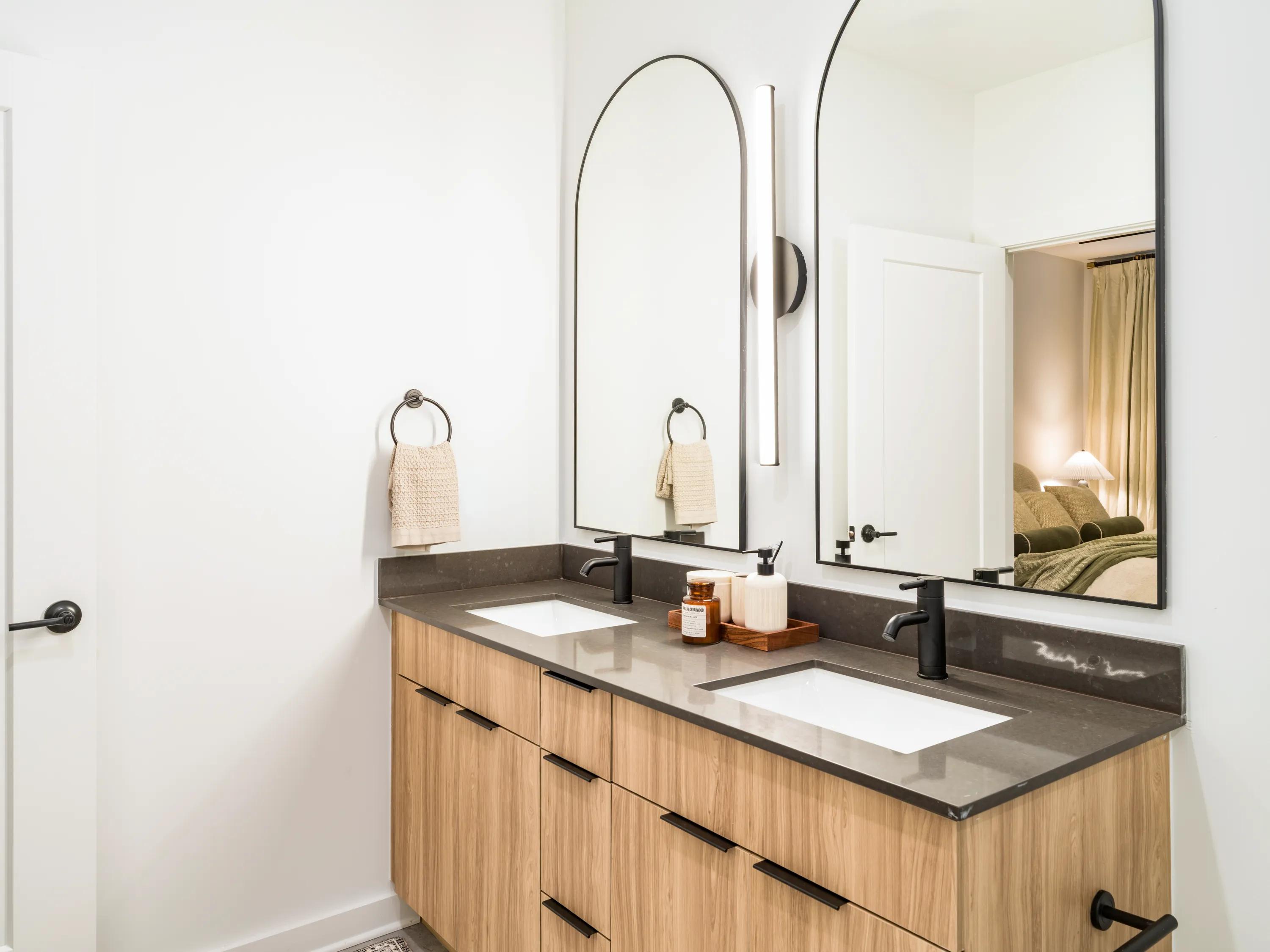 bathroom with light cabinetry modera nations nashville tn apartments for rent