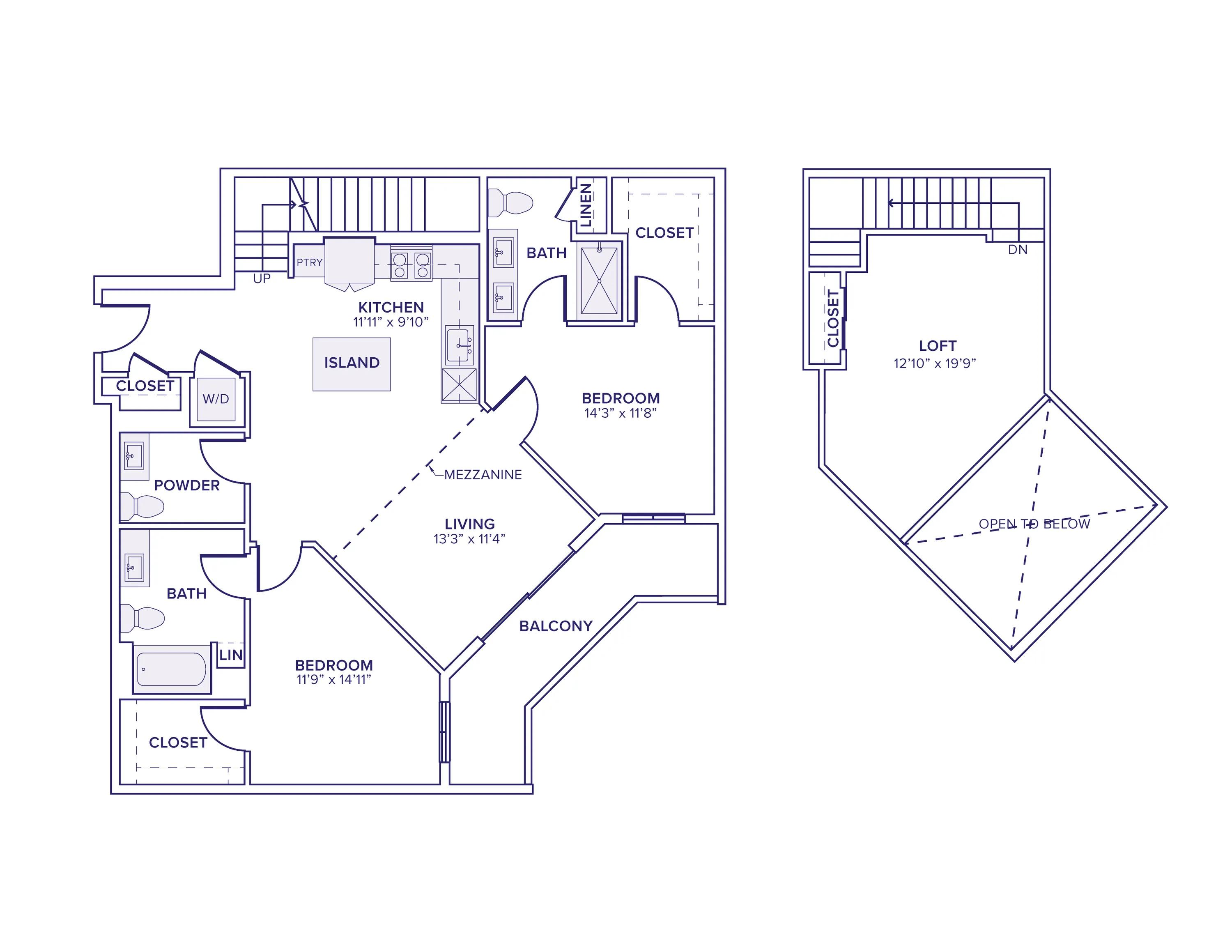 1507 square foot two bed two and a half bath apartment floor plan in Scottsdale, AZ
