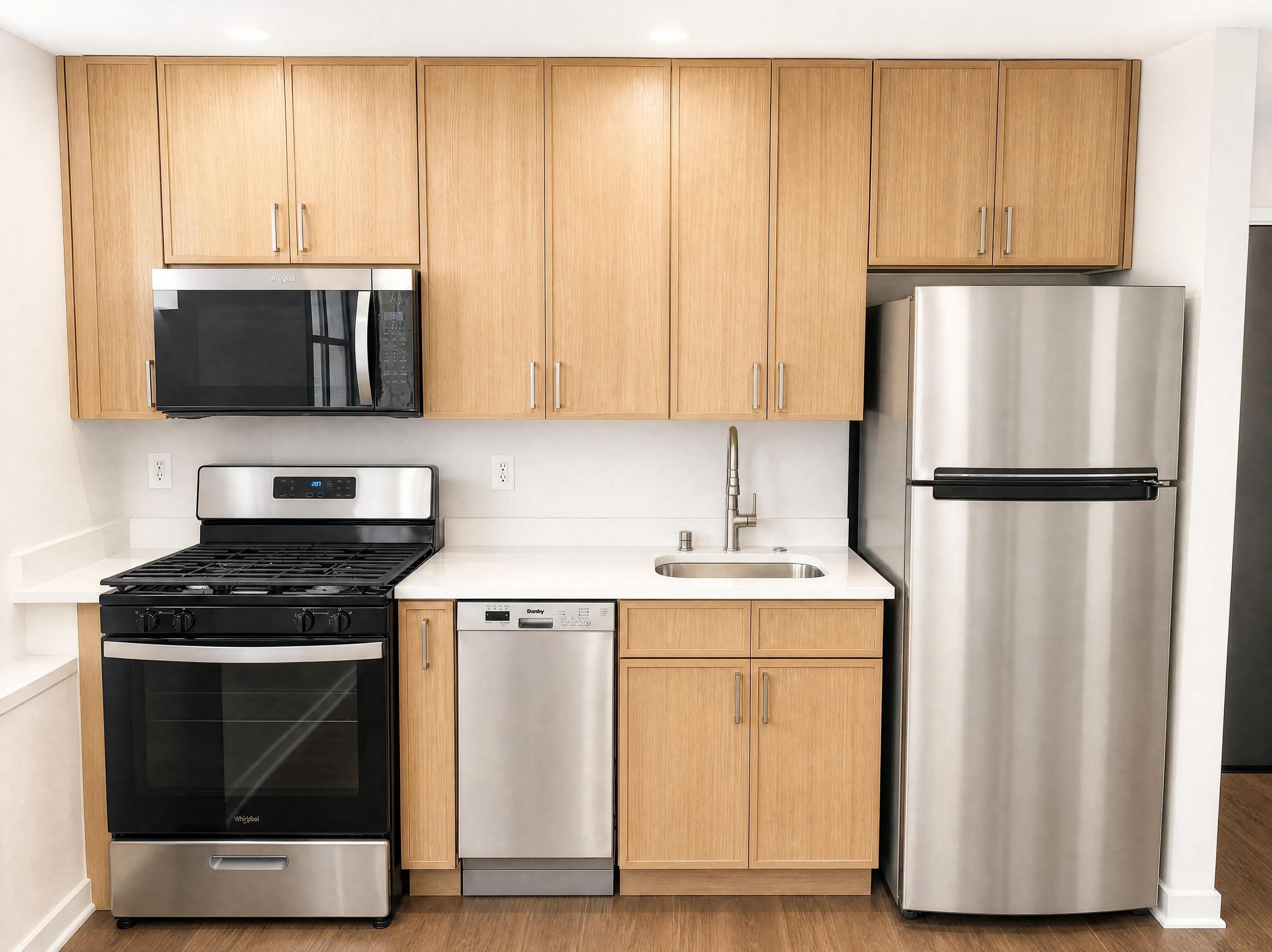 Newly redesigned kitchen featuring modern cabinetry, stainless steel appliances, and sleek countertops bachenheimer apartments