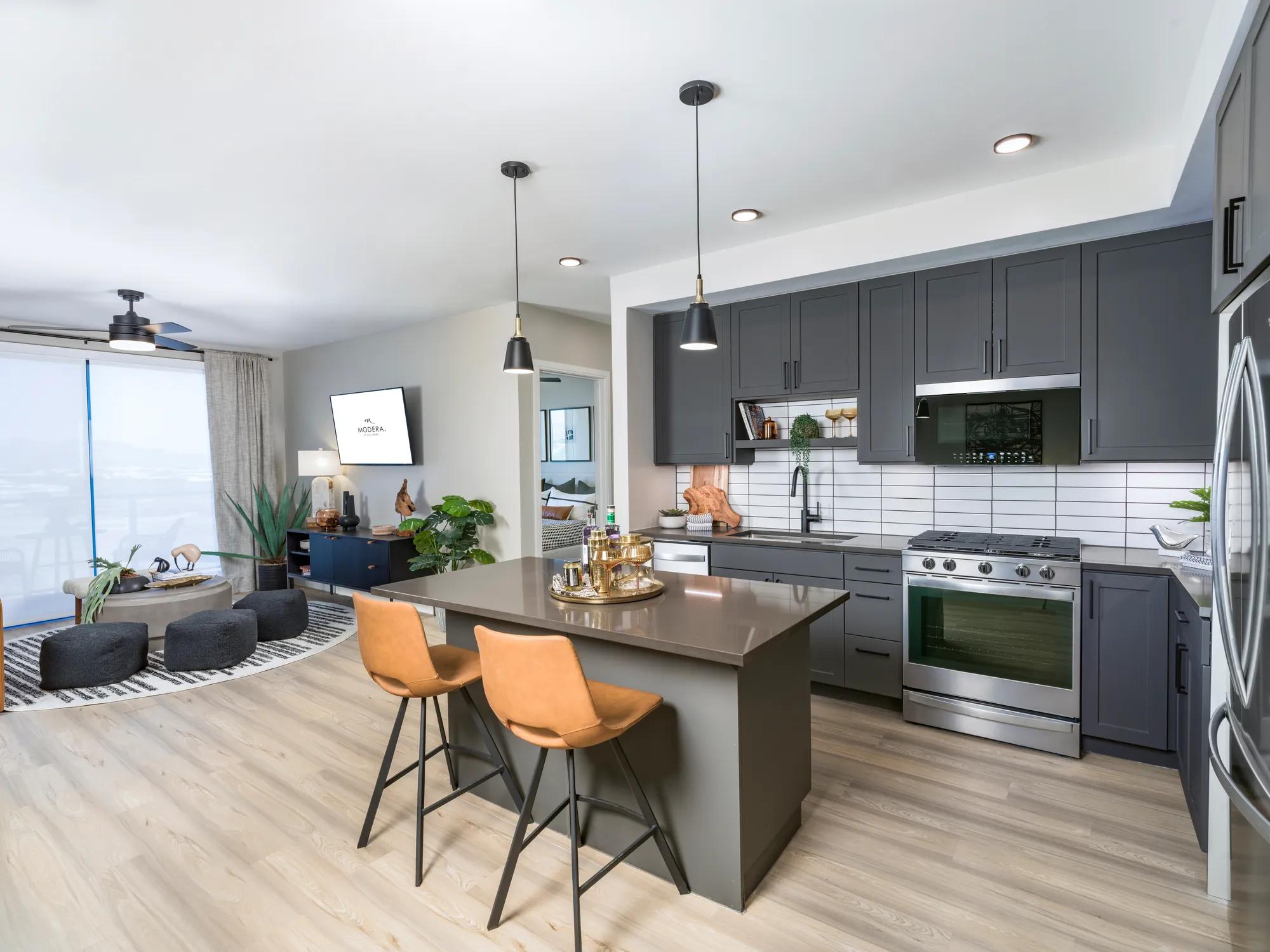dark cabinetry and stainless steel appliances with kitchen island at modera scottsdale apartment homes for rent in scottsdale az