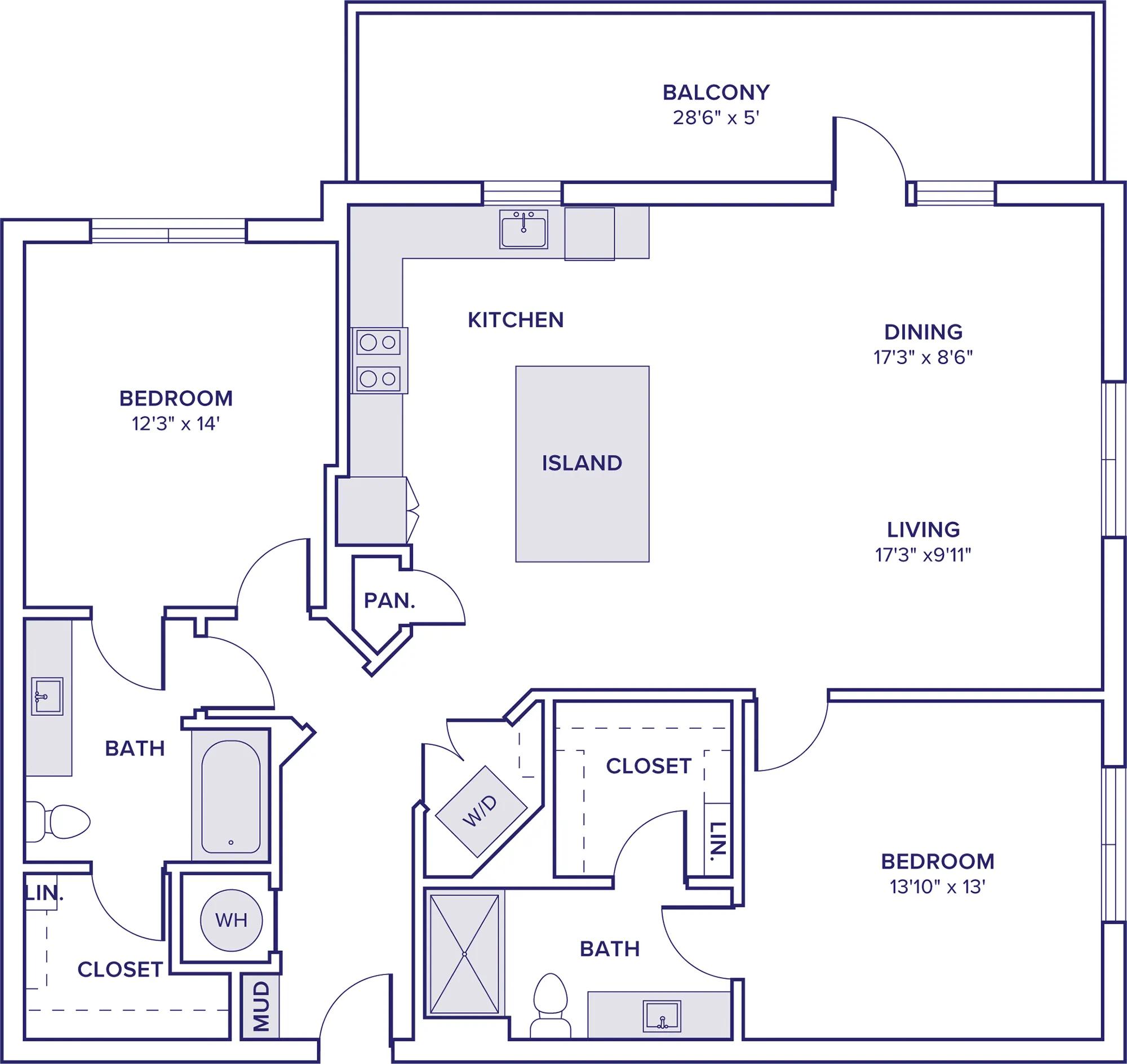 1354 square foot two bedroom two bath apartment floor plan in McKinney, TX