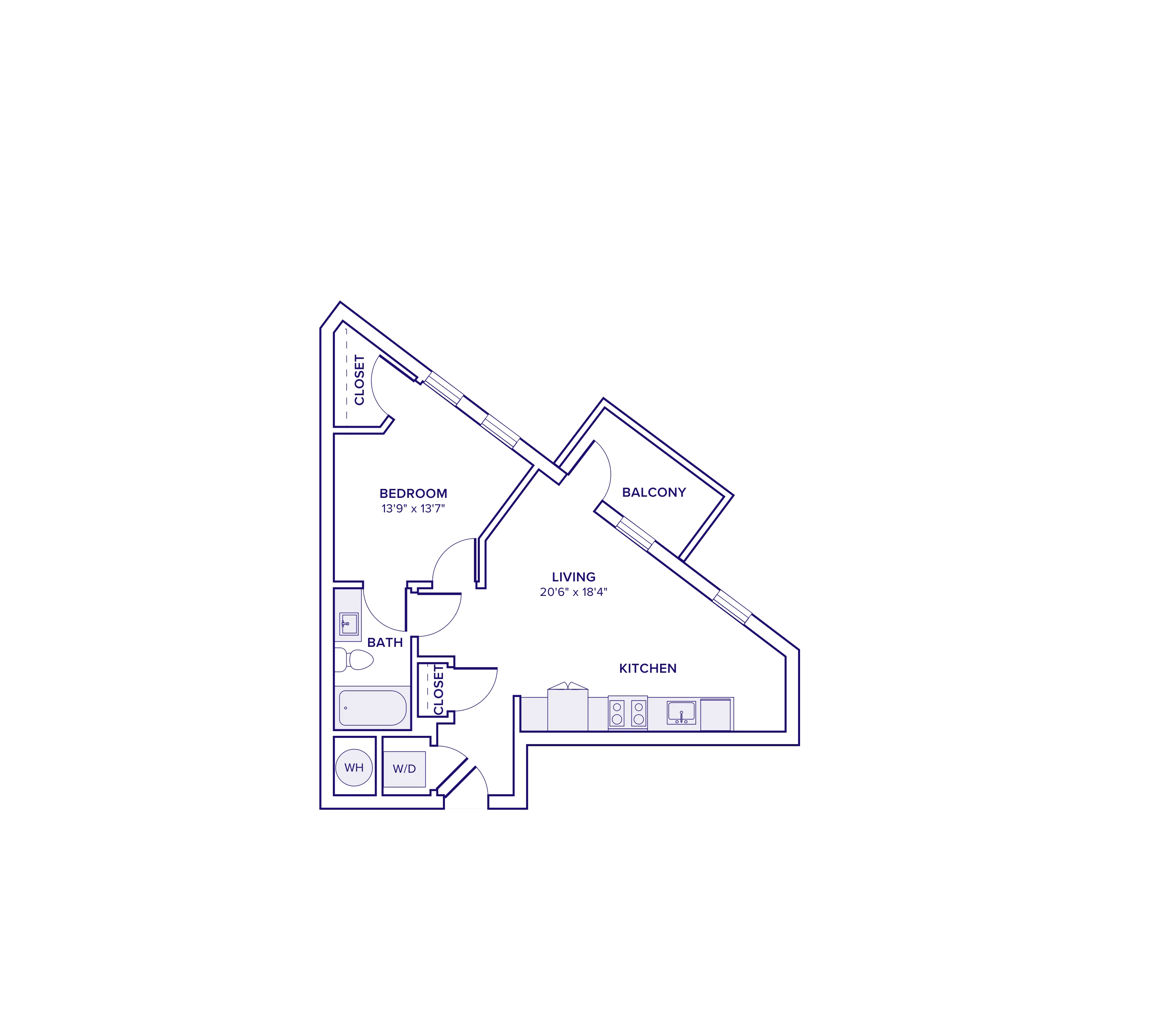 610 square foot one bed one bath apartment floor plan in Atlanta, GA