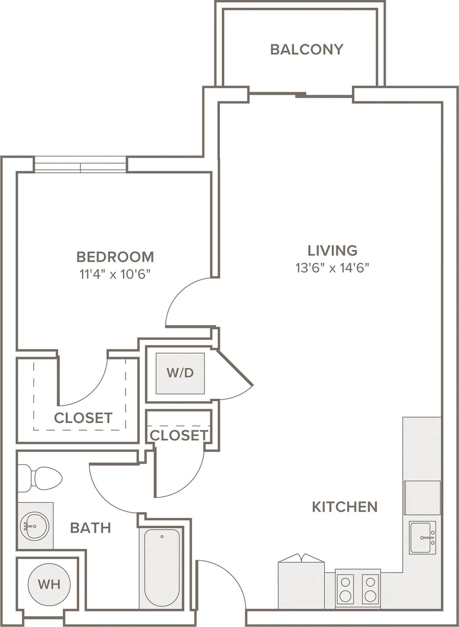 742-766 square foot one bedroom one bath apartment floorplan image