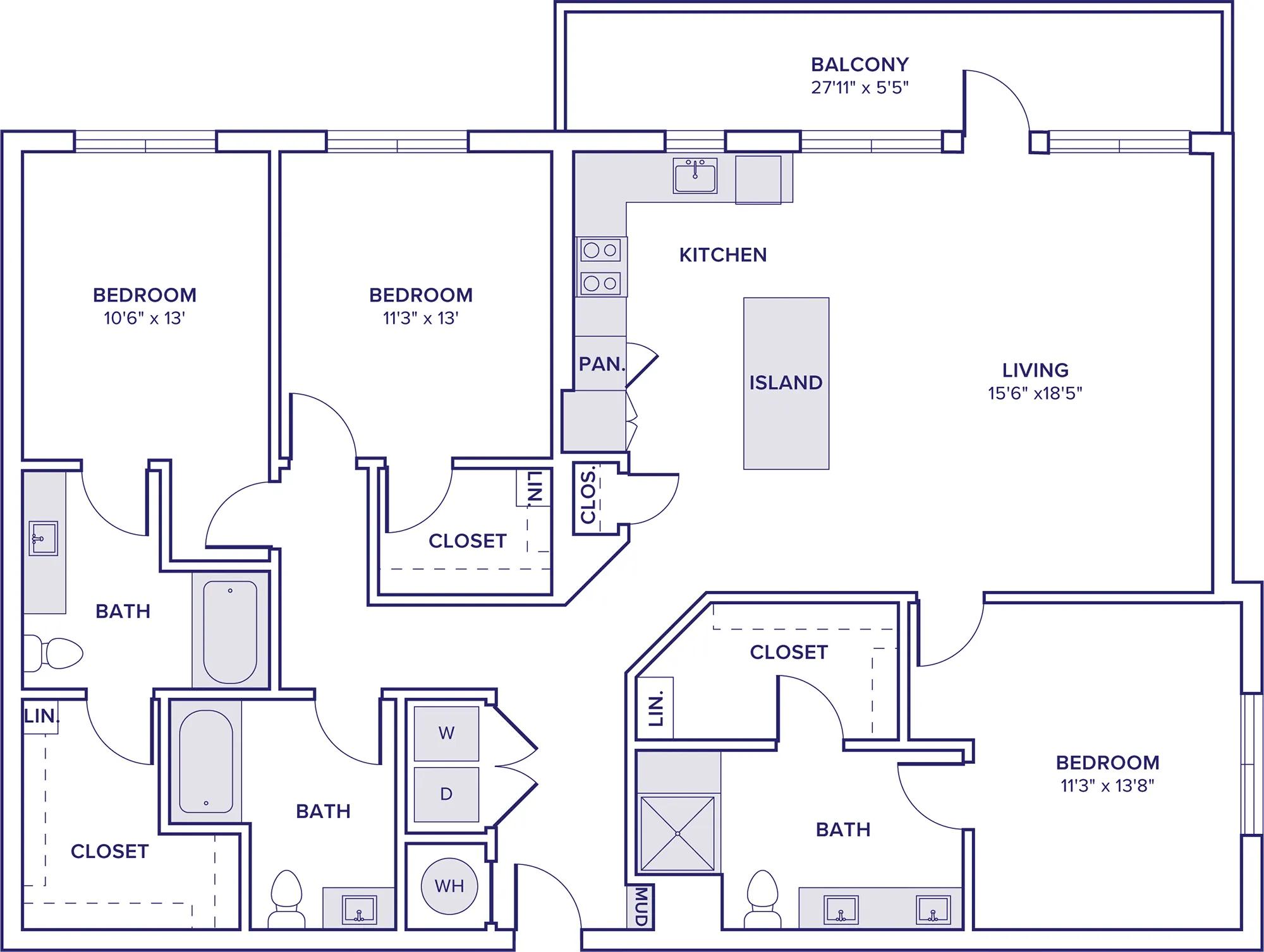 1684 square foot three bedroom three bath apartment floor plan in McKinney, TX
