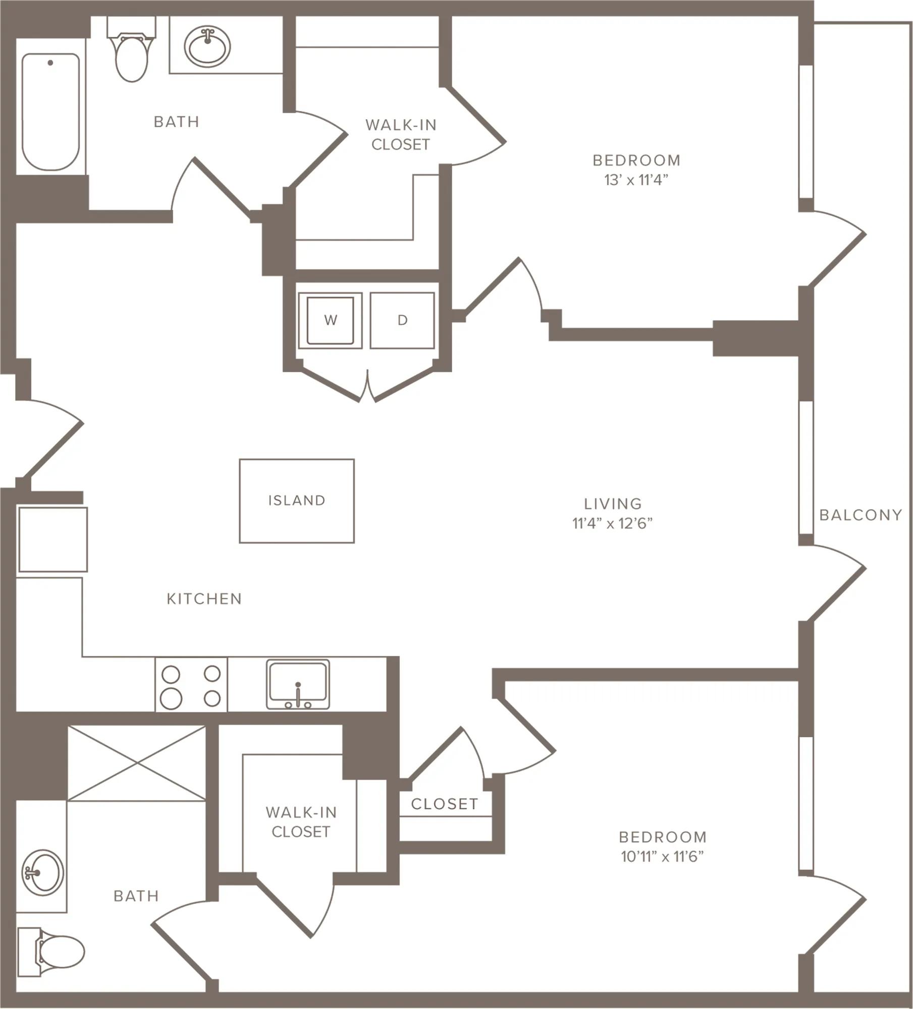 1114 square foot two bedroom two bath ADA apartment floorplan image